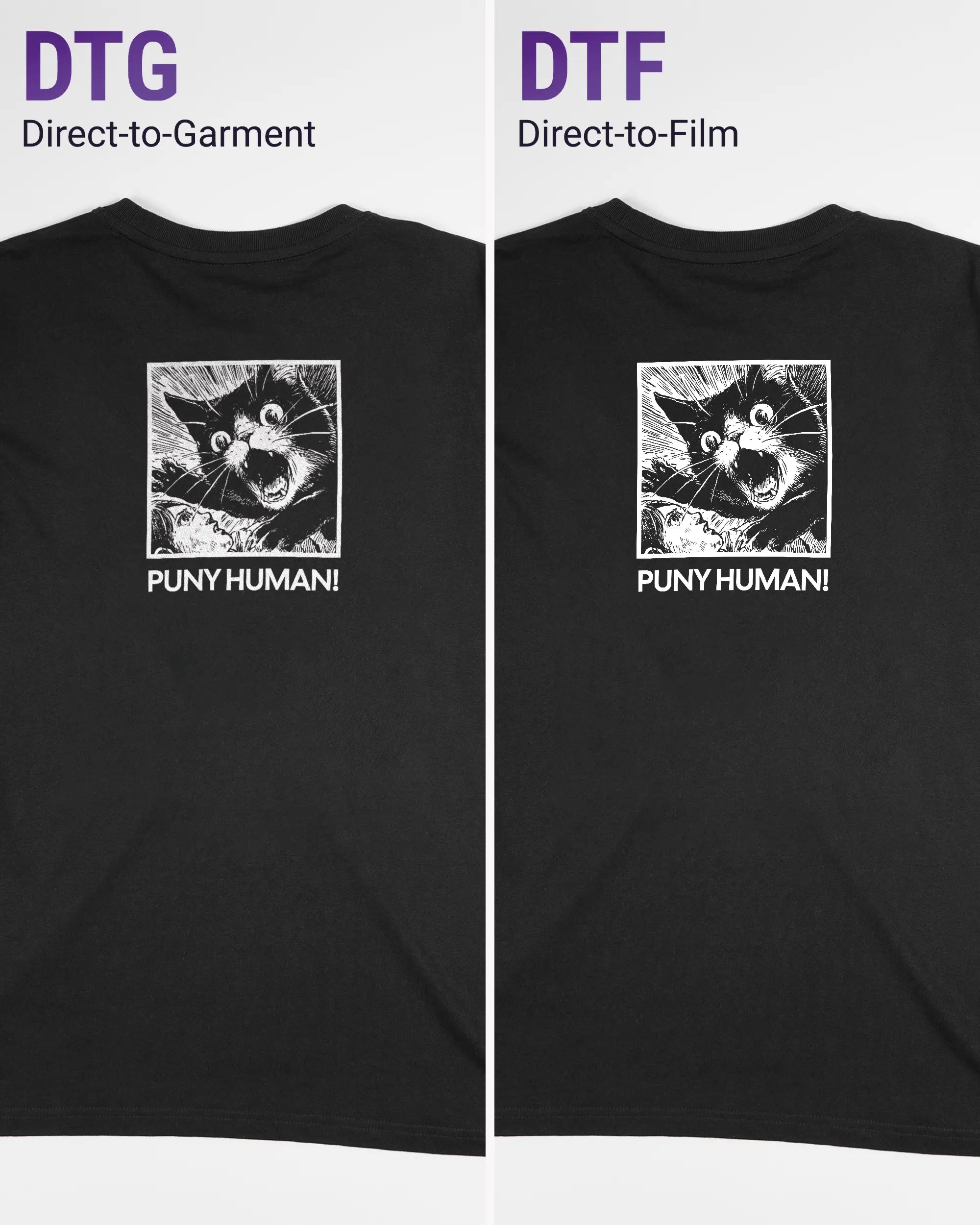 Vergleich der Rückseiten des Organic Unisex T-Shirt Relaxed von Maondo mit dem Design Puny Human in der Farbe Black und in der Größe S links mit dem Direct-to-Garment und rechts mit dem Direct-to-Film Verfahren