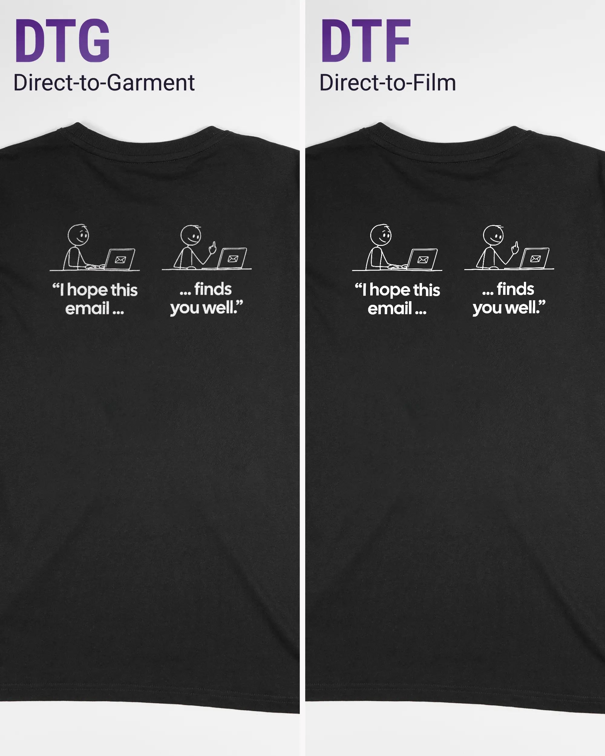 Vergleich der Rückseiten des Organic Unisex T-Shirt Relaxed von Maondo mit dem Design Found me not well in der Farbe Black und in der Größe S links mit dem Direct-to-Garment und rechts mit dem Direct-to-Film Verfahren