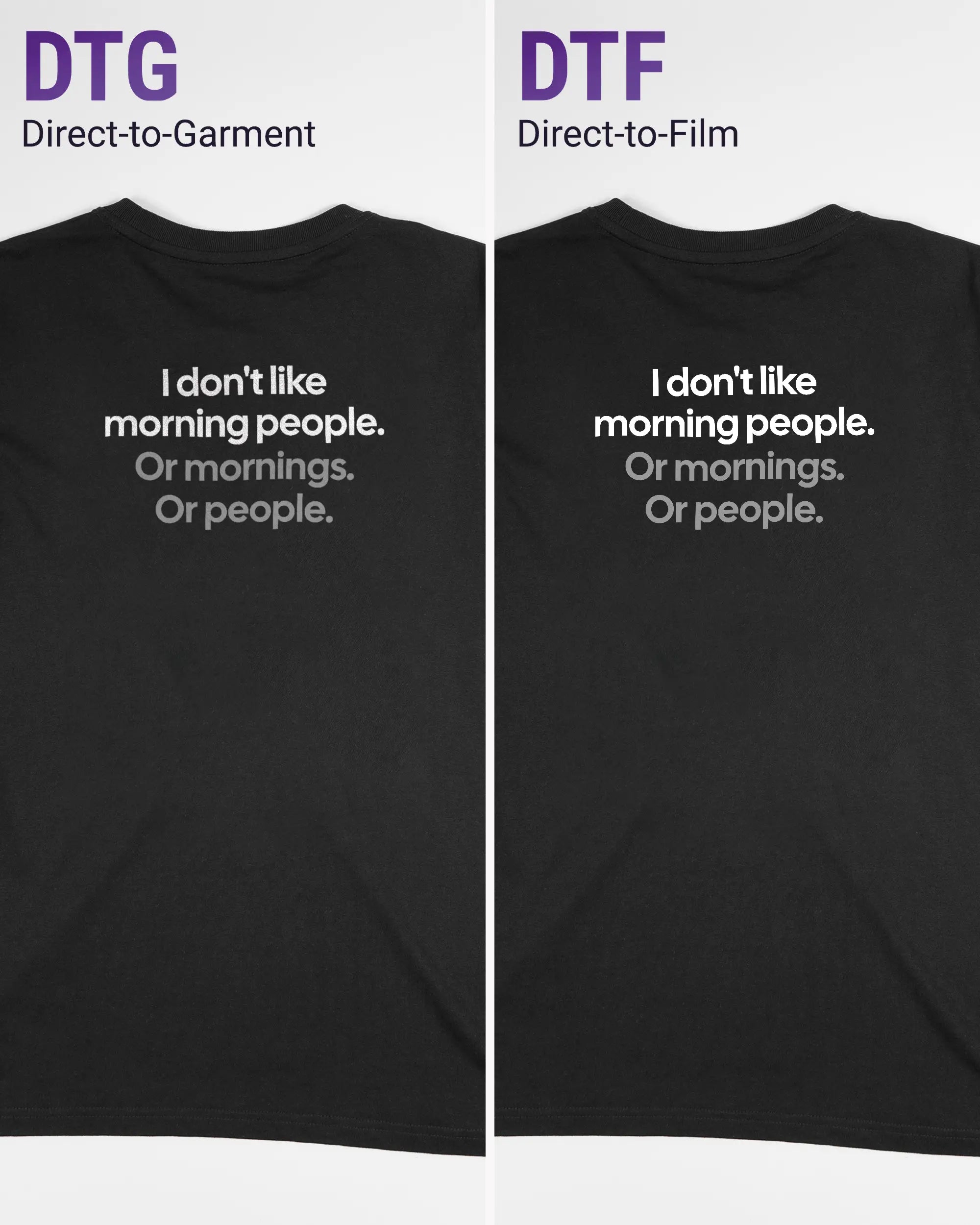 Vergleich der Rückseiten des Organic Unisex T-Shirt Relaxed von Maondo mit dem Design Morning Person in der Farbe Black und in der Größe S links mit dem Direct-to-Garment und rechts mit dem Direct-to-Film Verfahren