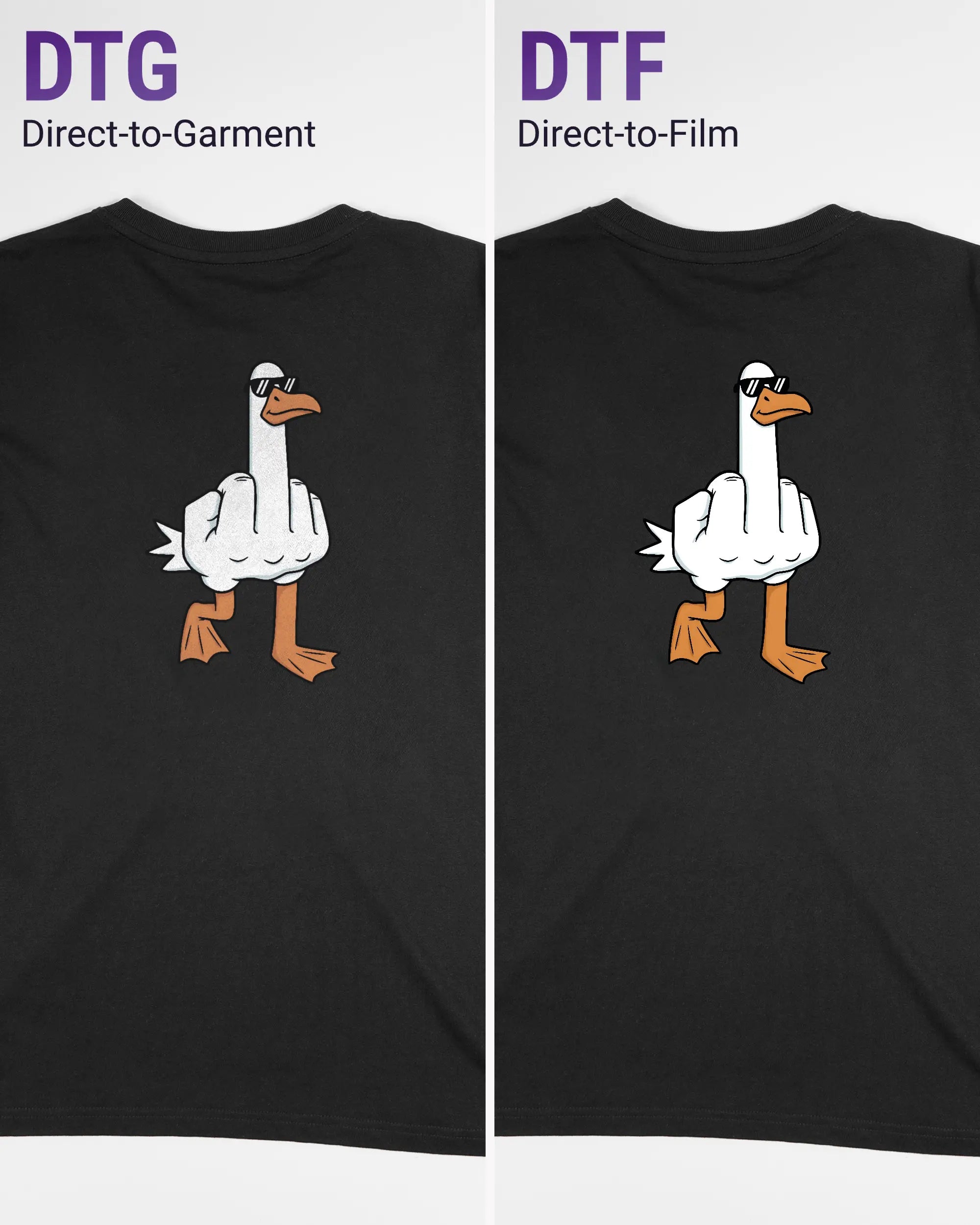 Vergleich der Rückseiten des Organic Unisex T-Shirt Relaxed von Maondo mit dem Design I give a duck in der Farbe Black und in der Größe S links mit dem Direct-to-Garment und rechts mit dem Direct-to-Film Verfahren