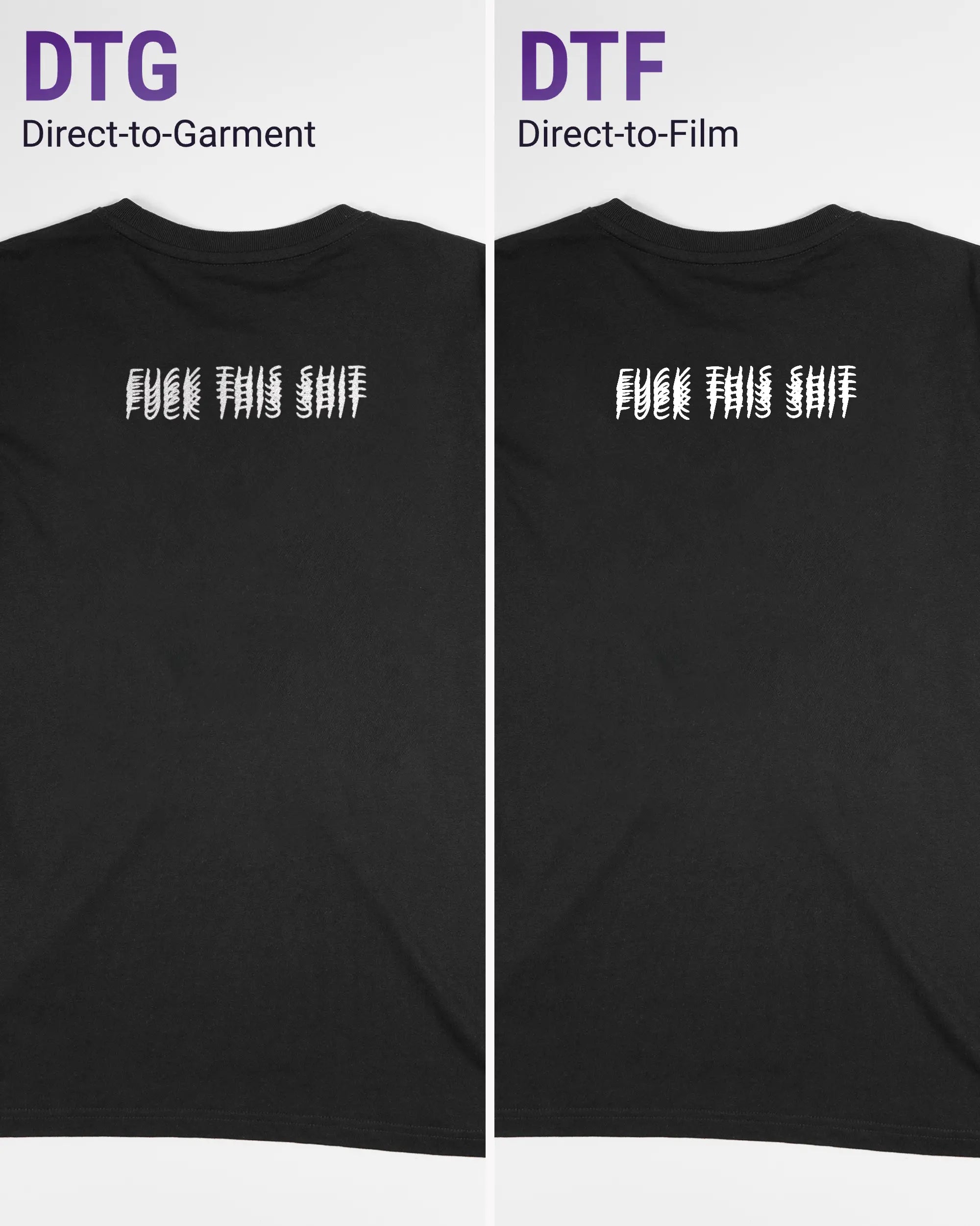 Vergleich der Rückseiten des Organic Unisex T-Shirt Relaxed von Maondo mit dem Design Hidden Message in der Farbe Black und in der Größe S links mit dem Direct-to-Garment und rechts mit dem Direct-to-Film Verfahren