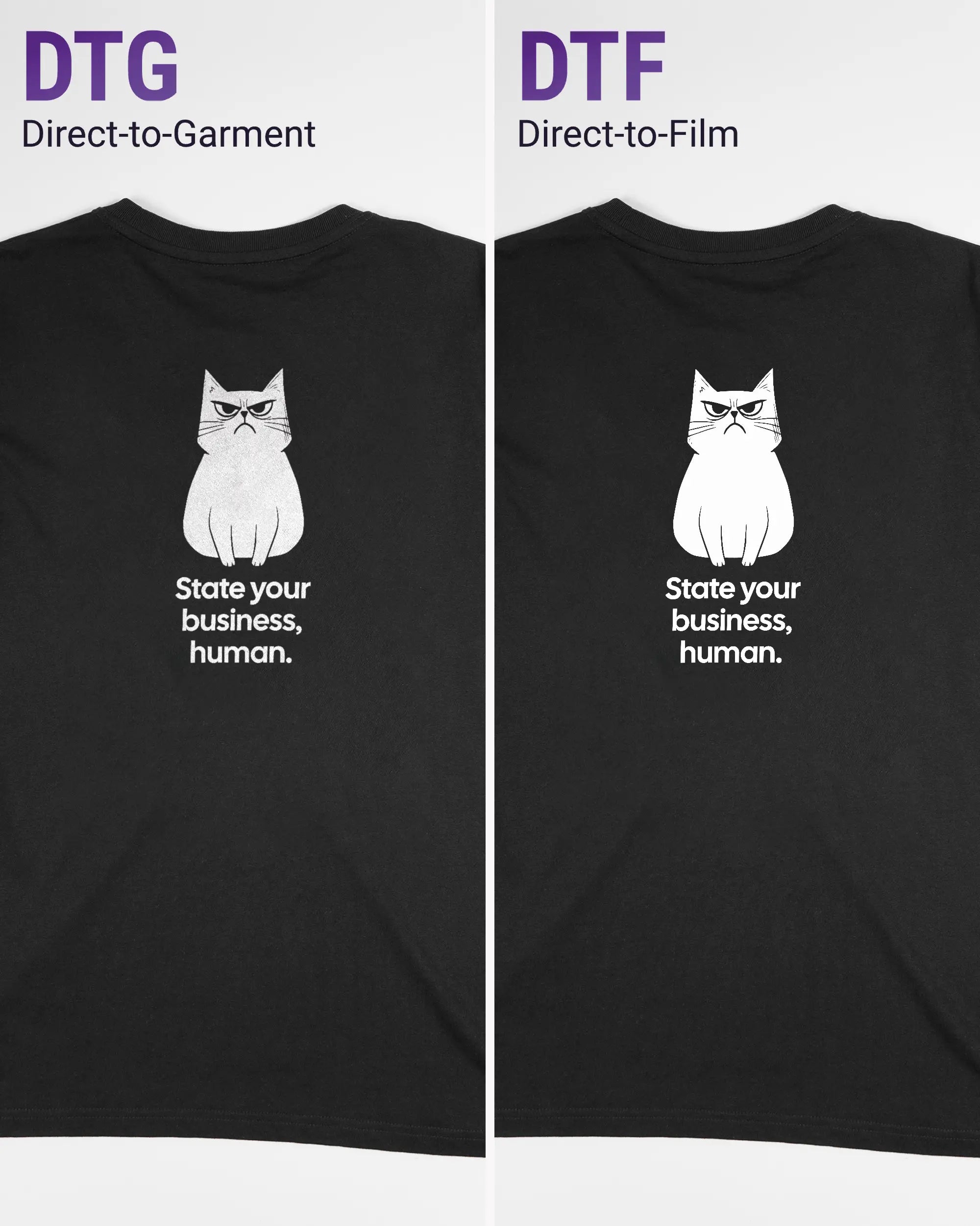 Vergleich der Rückseiten des Organic Unisex T-Shirt Relaxed von Maondo mit dem Design Grumpy Purr in der Farbe Black und in der Größe S links mit dem Direct-to-Garment und rechts mit dem Direct-to-Film Verfahren