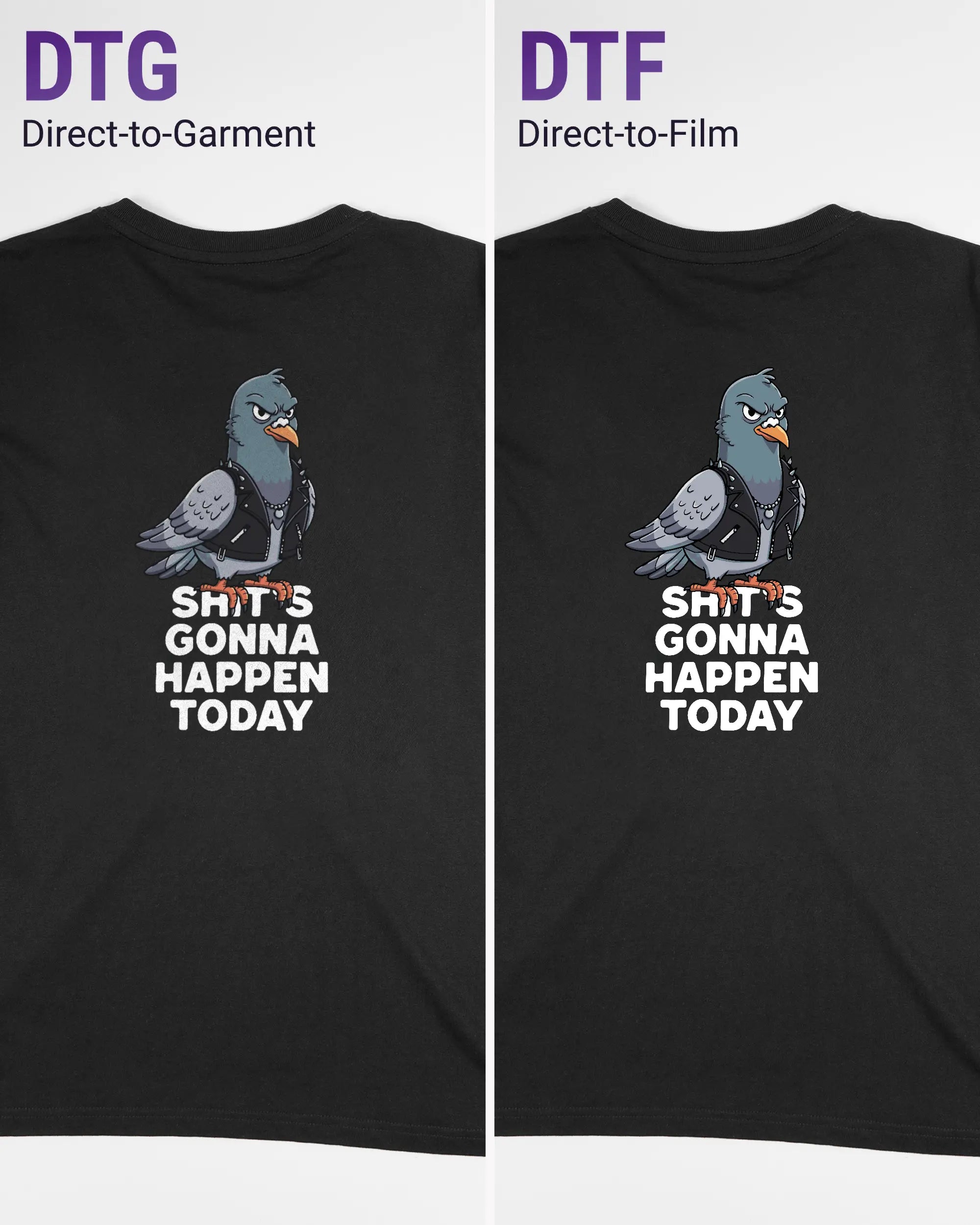 Vergleich der Rückseiten des Organic Unisex T-Shirt Relaxed von Maondo mit dem Design Pigeon Pun in der Farbe Black und in der Größe S links mit dem Direct-to-Garment und rechts mit dem Direct-to-Film Verfahren