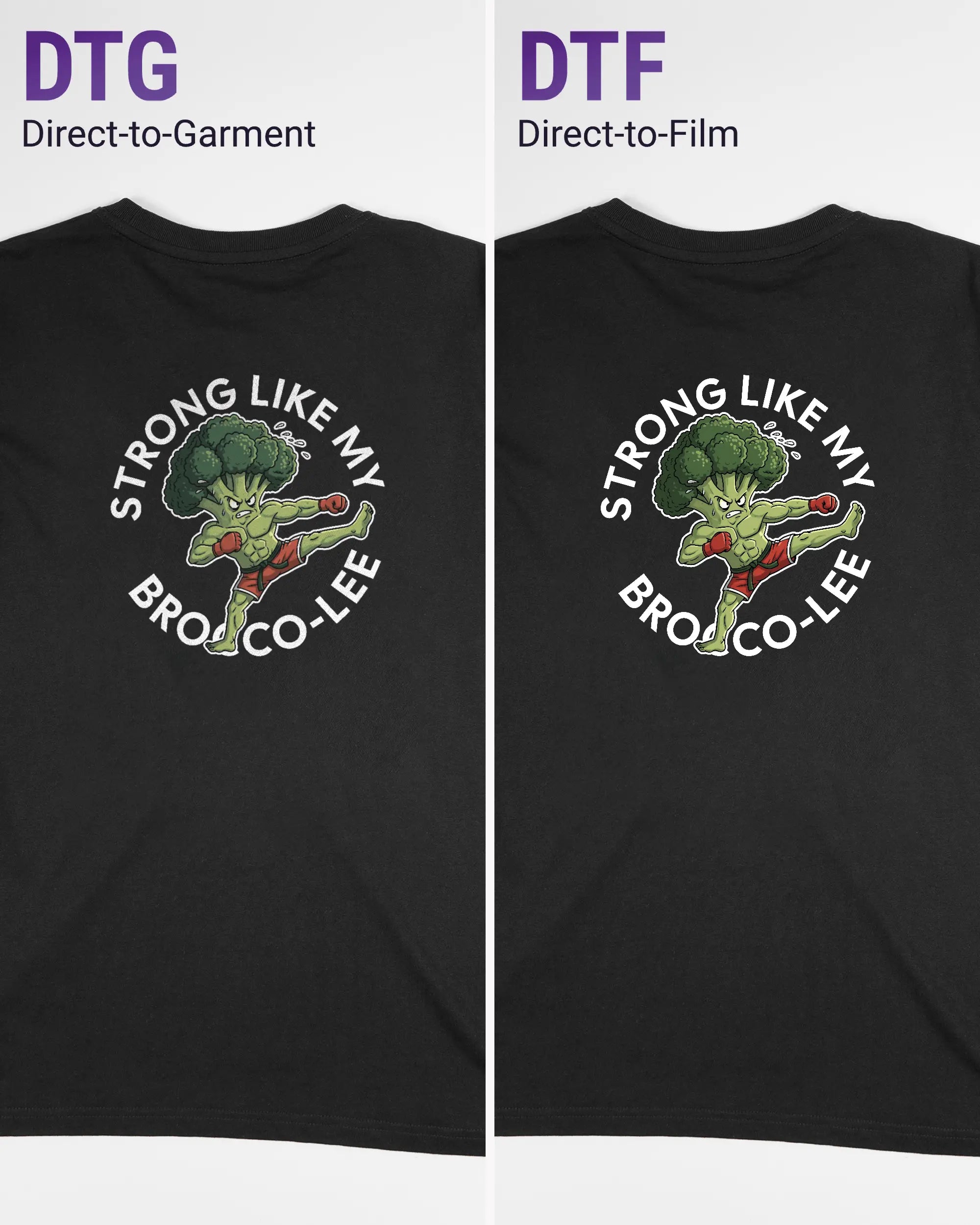 Vergleich der Rückseiten des Organic Unisex T-Shirt Relaxed von Maondo mit dem Design Brocco-Lee in der Farbe Black und in der Größe S links mit dem Direct-to-Garment und rechts mit dem Direct-to-Film Verfahren