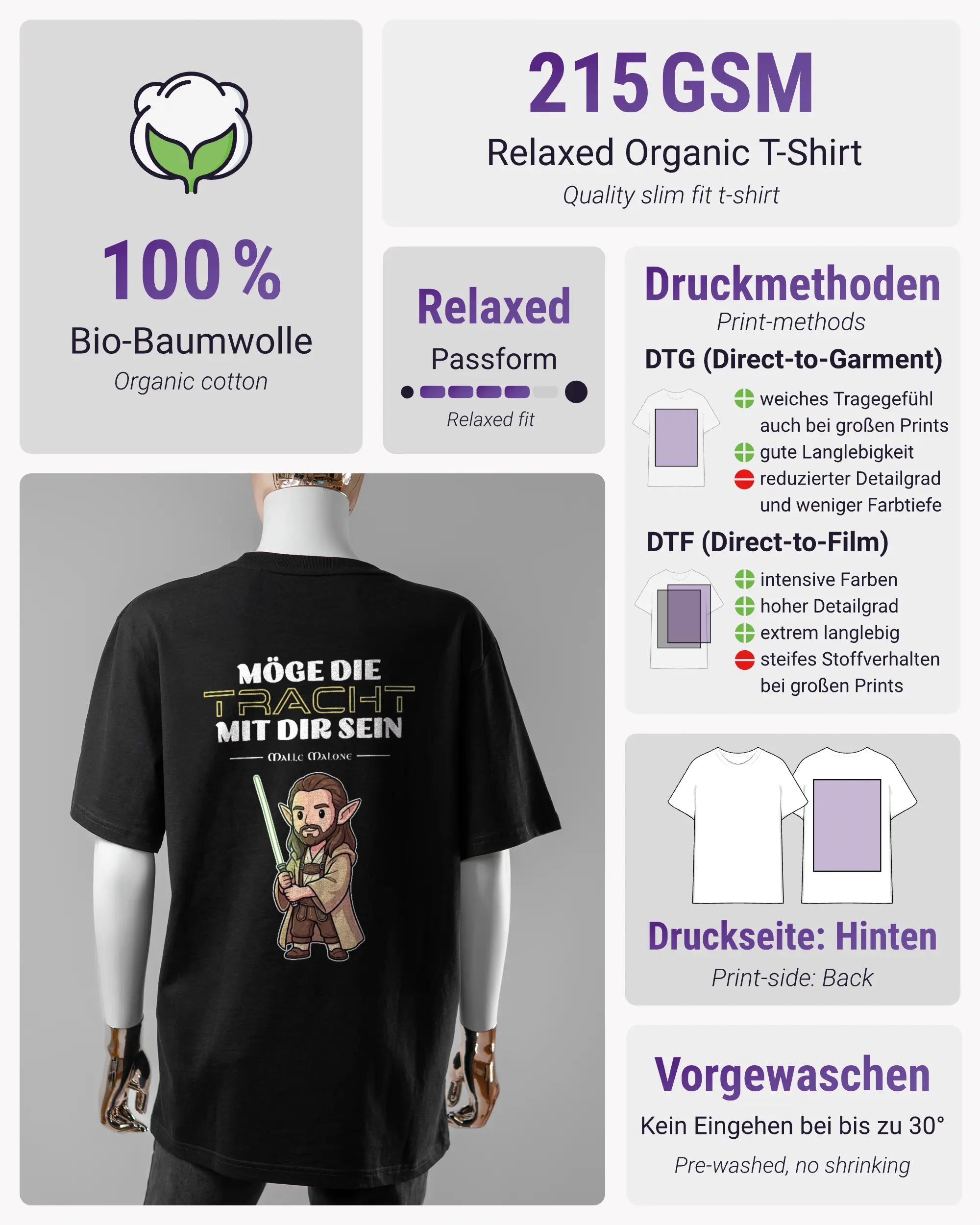 Produktinformationsblatt des Organic Unisex T-Shirt Relaxed von Maondo mit dem Design Tracht mit dir hinten in der Farbe Black und in der Größe S