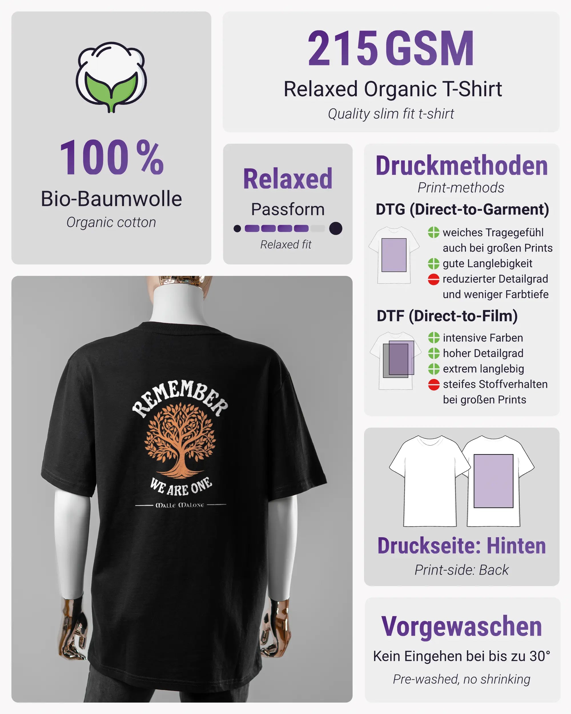 Produktinformationsblatt des Organic Unisex T-Shirt Relaxed von Maondo mit dem Design We are one hinten in der Farbe Black und in der Größe S