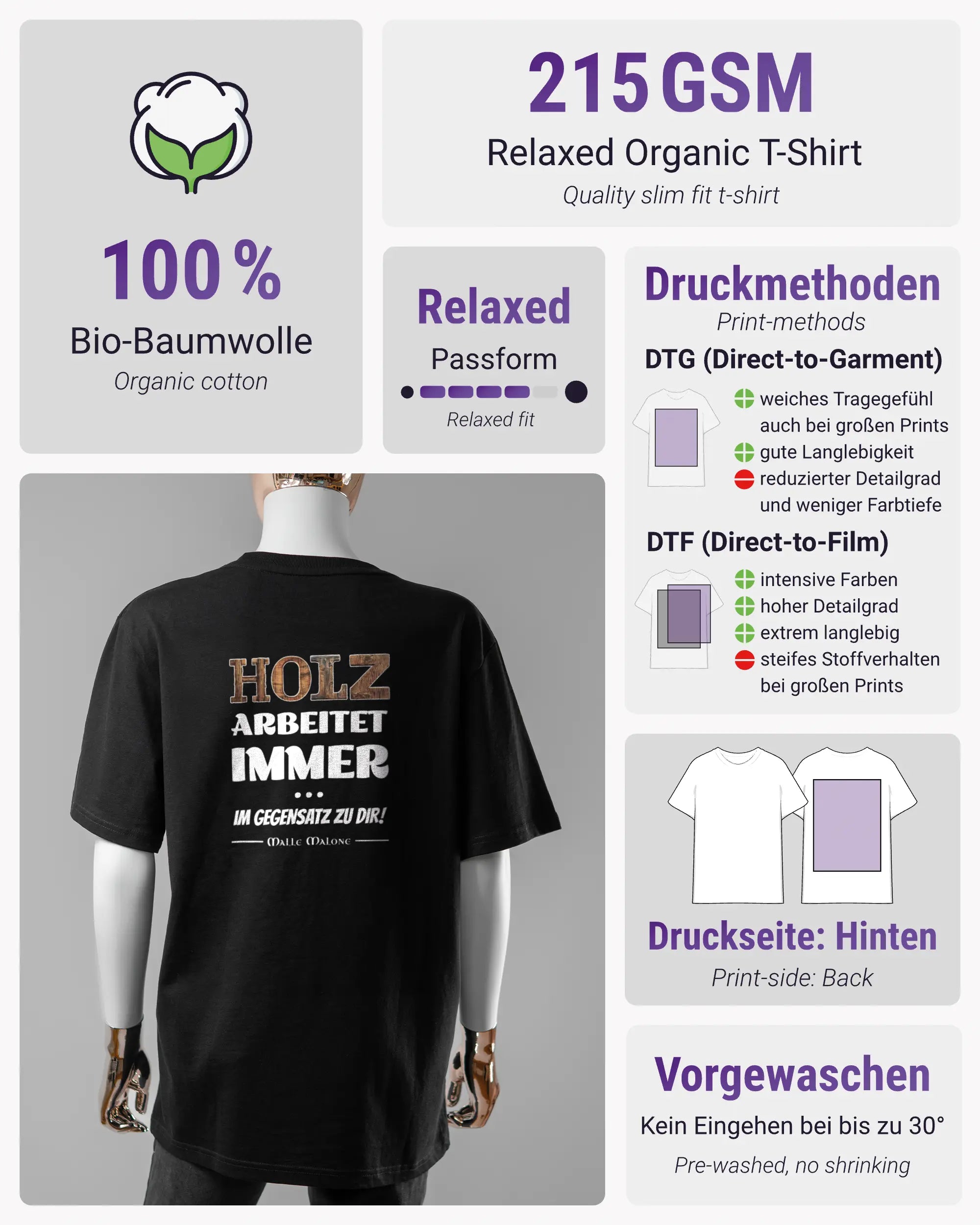 Produktinformationsblatt des Organic Unisex T-Shirt Relaxed von Maondo mit dem Design Holzarbeit hinten in der Farbe Black und in der Größe S