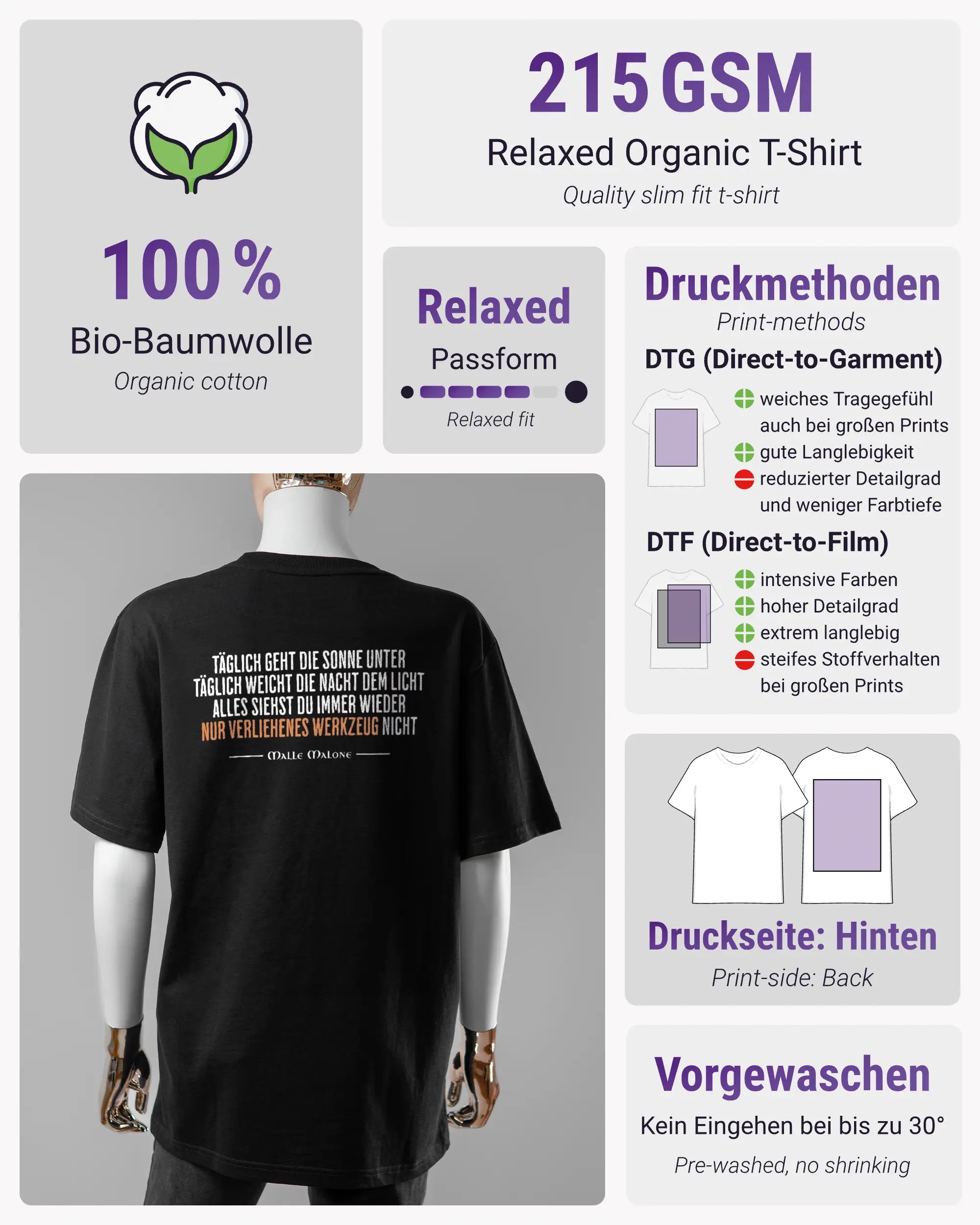 Produktinformationsblatt des Organic Unisex T-Shirt Relaxed von Maondo mit dem Design Wegzeug hinten in der Farbe Black und in der Größe S