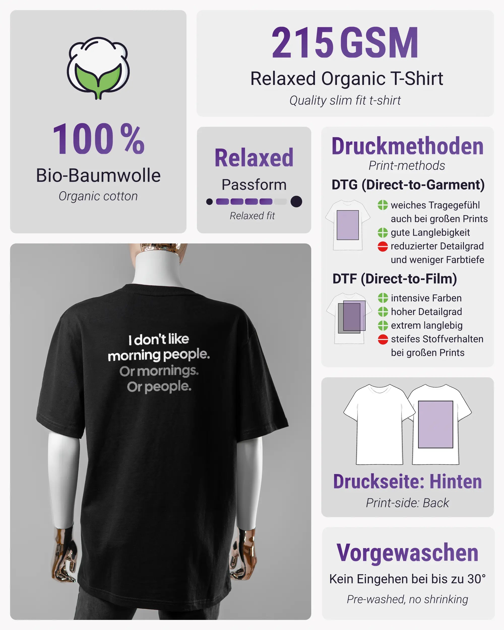 Produktinformationsblatt des Organic Unisex T-Shirt Relaxed von Maondo mit dem Design Morning Person hinten in der Farbe Black und in der Größe S