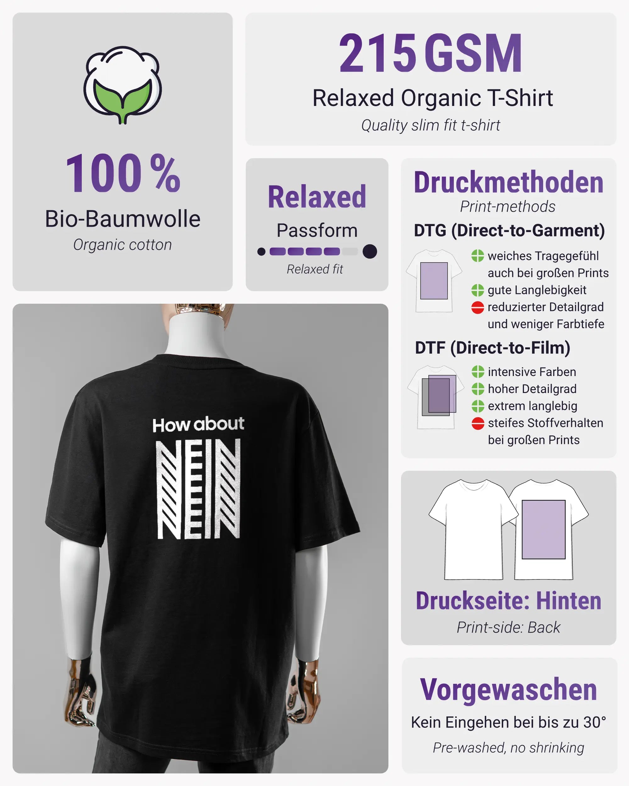 Produktinformationsblatt des Organic Unisex T-Shirt Relaxed von Maondo mit dem Design How about nein hinten in der Farbe Black und in der Größe S