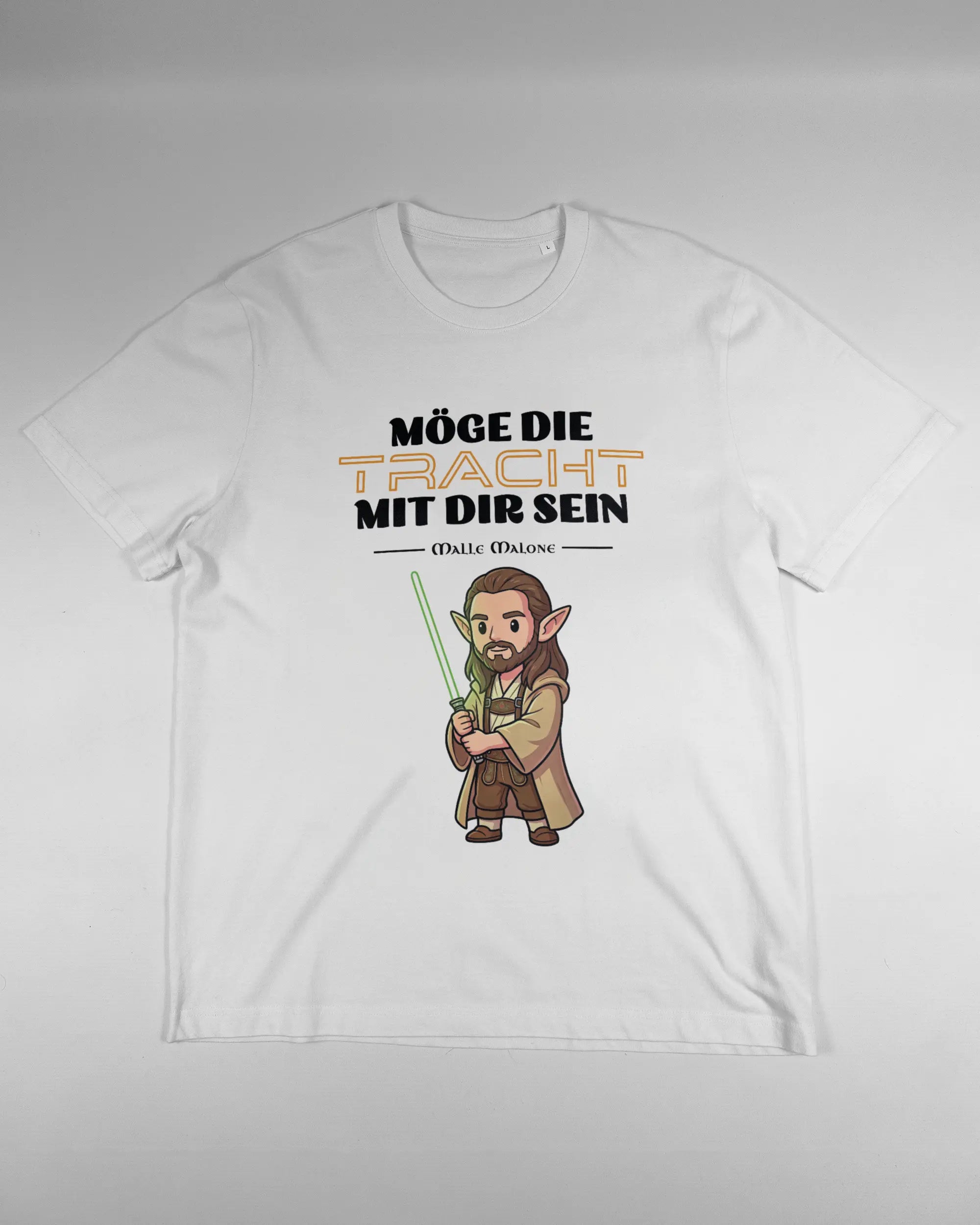 Vorderseite des Organic Unisex T-Shirt Relaxed von Maondo mit dem Design Tracht mit dir in der Farbe White und in der Größe L flach auf den Boden gelegt