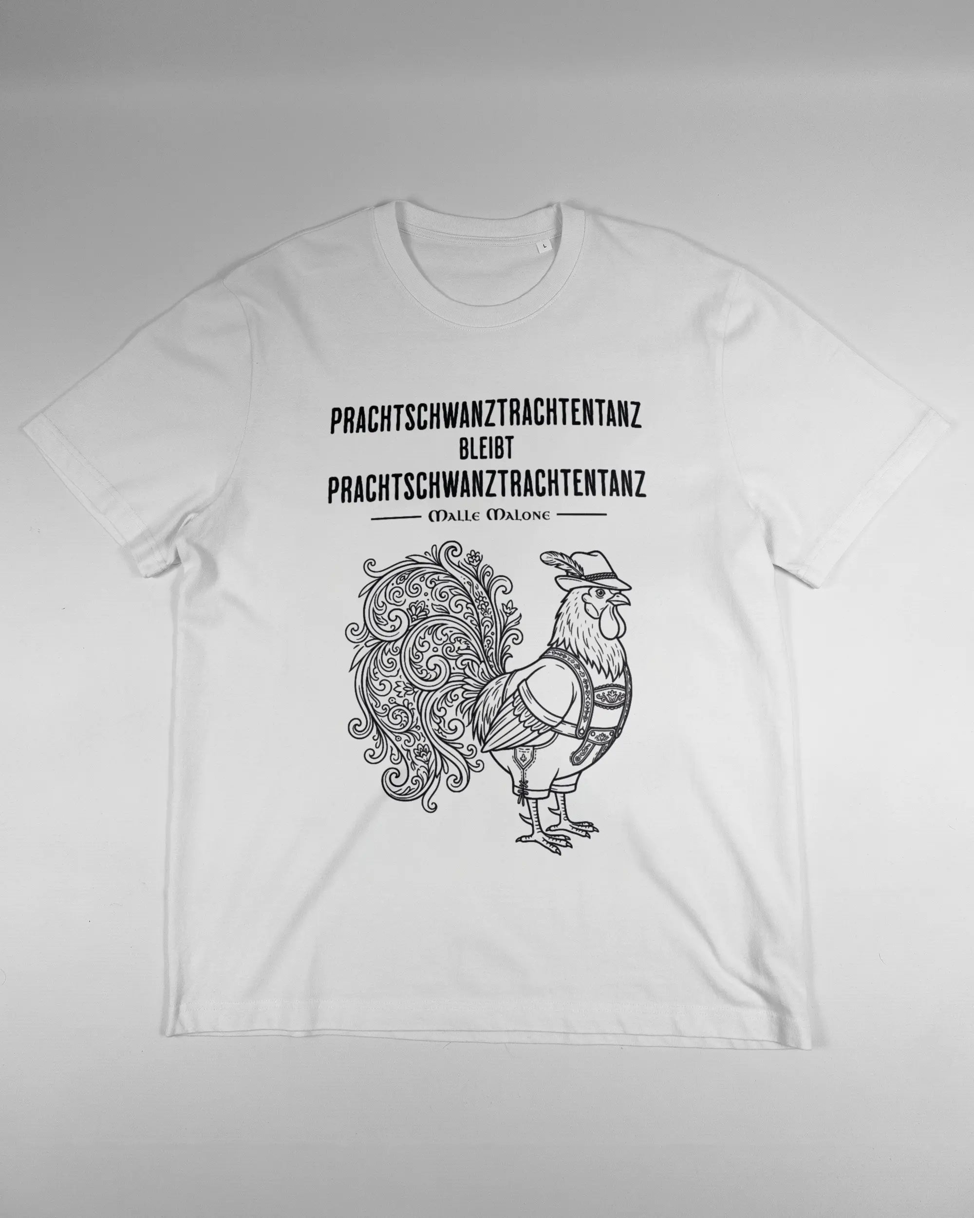 Vorderseite des Organic Unisex T-Shirt Relaxed von Maondo mit dem Design Trachtentanz in der Farbe White und in der Größe L flach auf den Boden gelegt