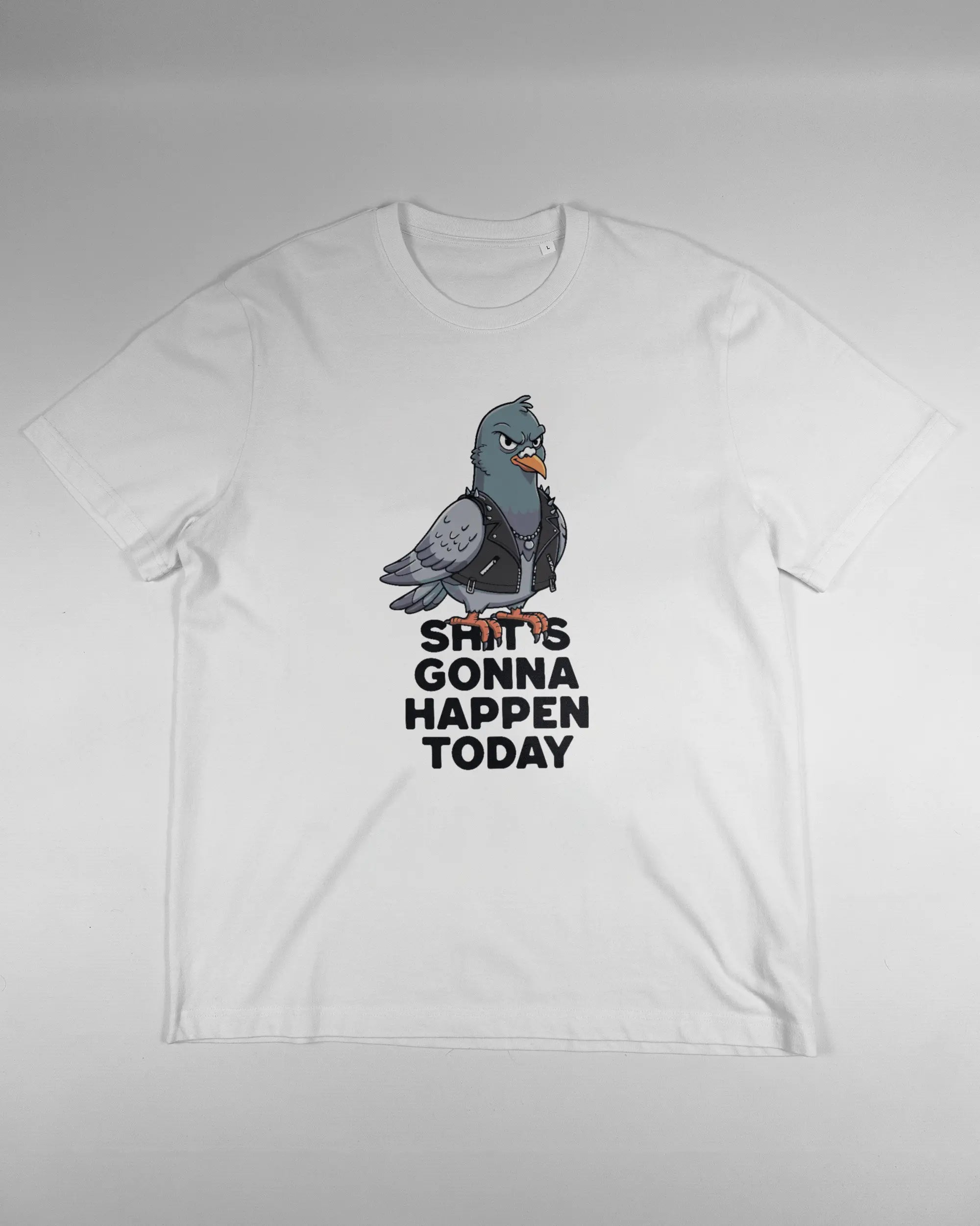 Vorderseite des Organic Unisex T-Shirt Relaxed von Maondo mit dem Design Pigeon Pun in der Farbe White und in der Größe L flach auf den Boden gelegt