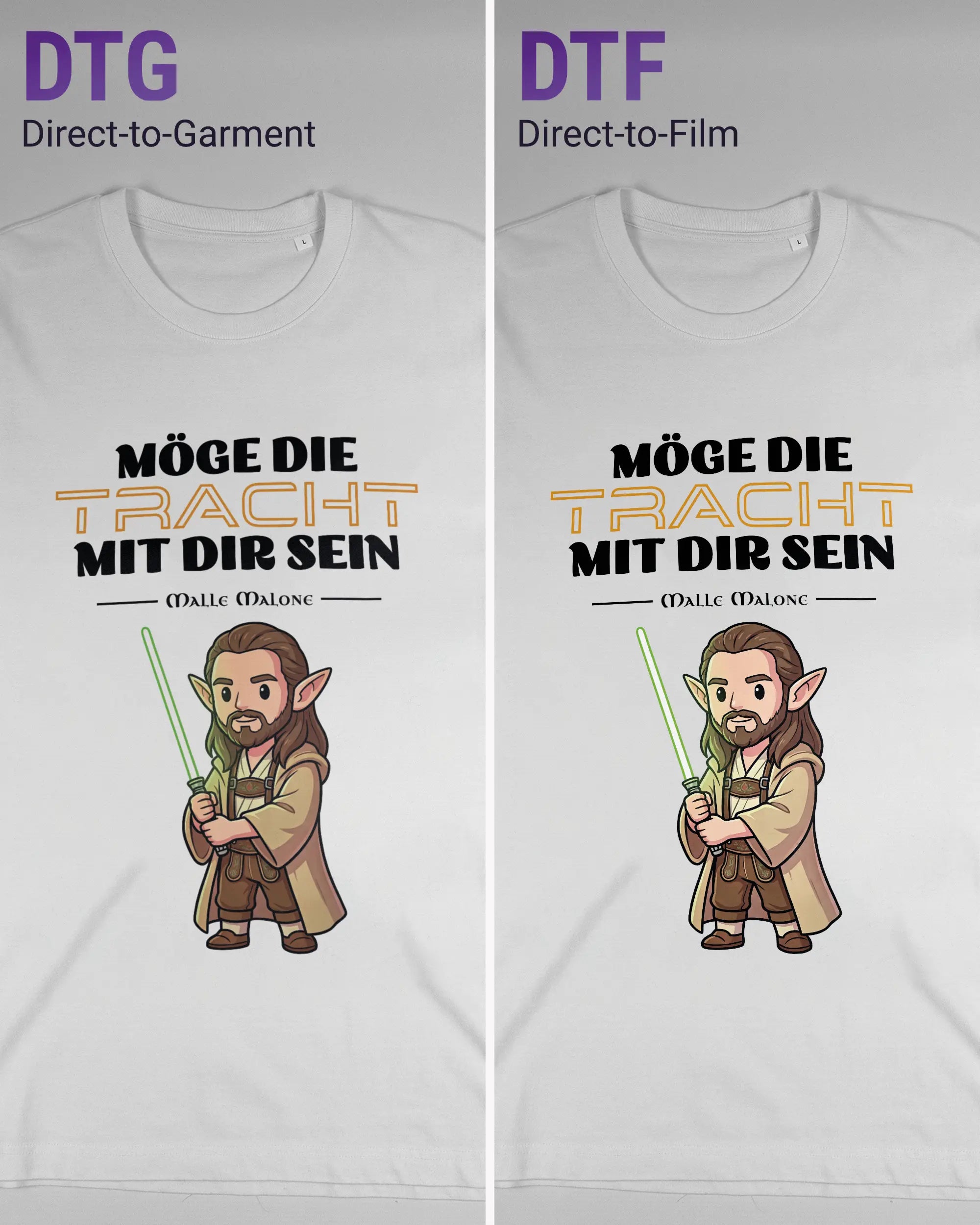 Vergleich der Vorderseiten des Organic Unisex T-Shirt Relaxed von Maondo mit dem Design Tracht mit dir in der Farbe White und in der Größe L links mit dem Direct-to-Garment und rechts mit dem Direct-to-Film Verfahren