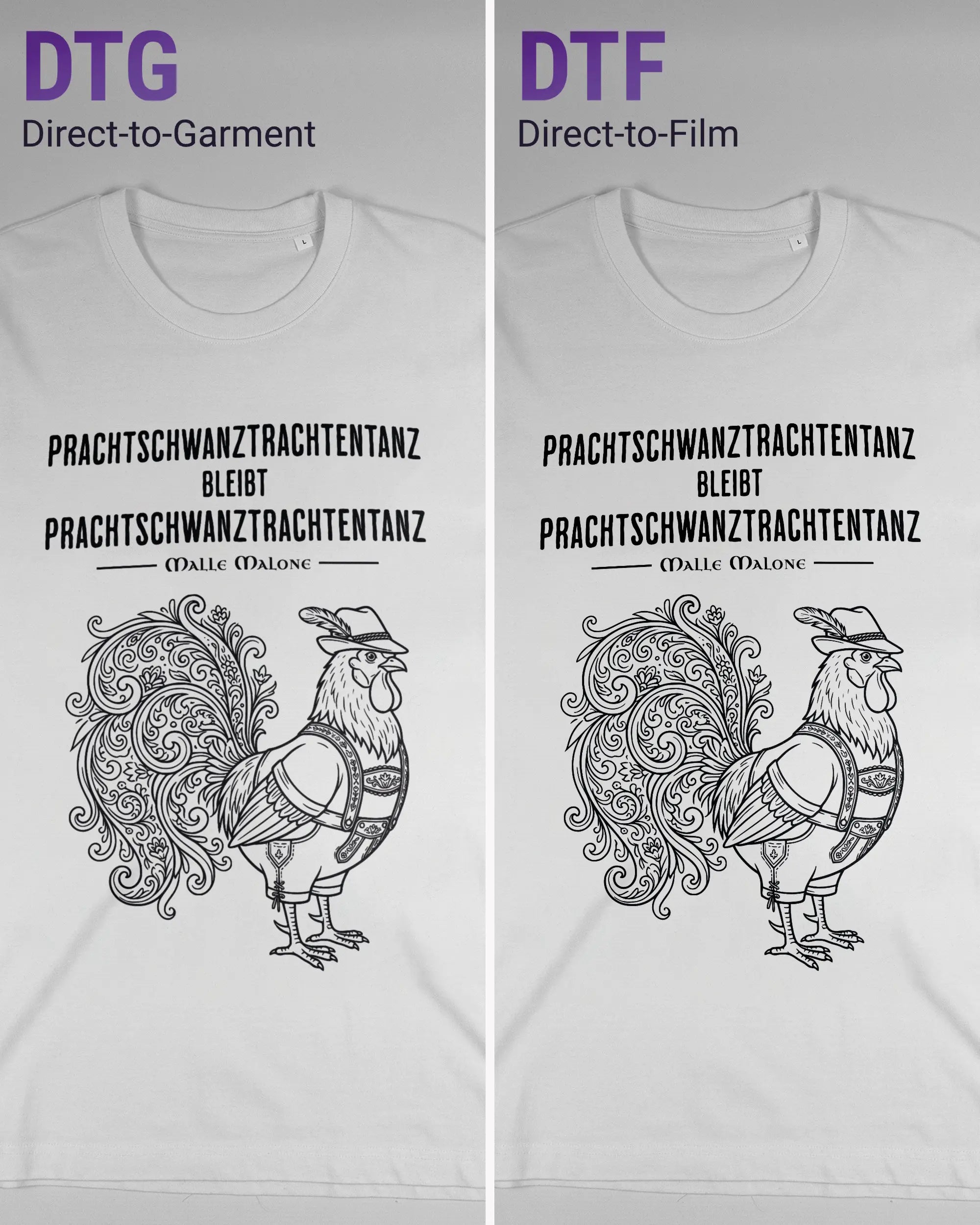 Vergleich der Vorderseiten des Organic Unisex T-Shirt Relaxed von Maondo mit dem Design Trachtentanz in der Farbe White und in der Größe L links mit dem Direct-to-Garment und rechts mit dem Direct-to-Film Verfahren