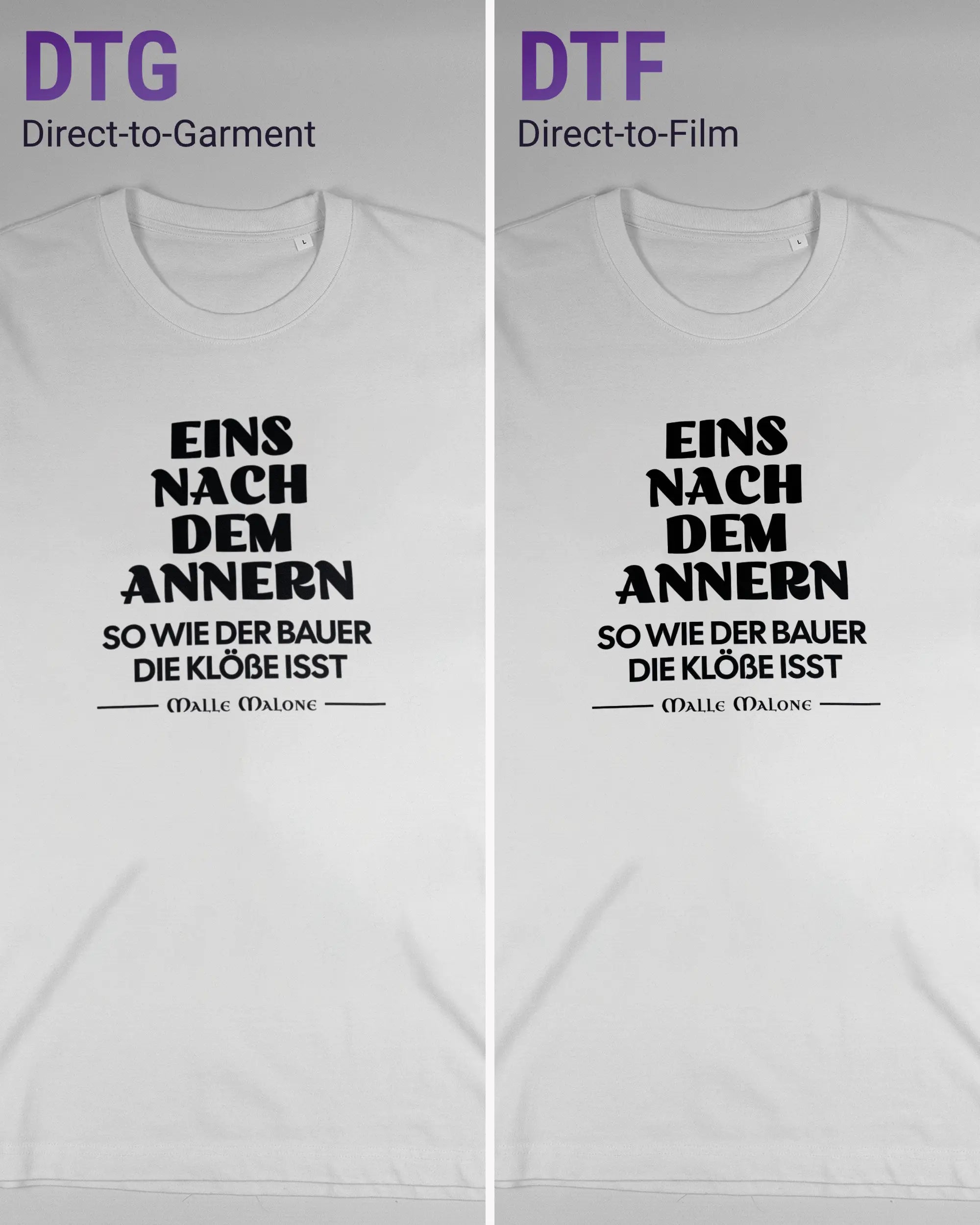 Vergleich der Vorderseiten des Organic Unisex T-Shirt Relaxed von Maondo mit dem Design Eins nach dem Annern in der Farbe White und in der Größe L links mit dem Direct-to-Garment und rechts mit dem Direct-to-Film Verfahren