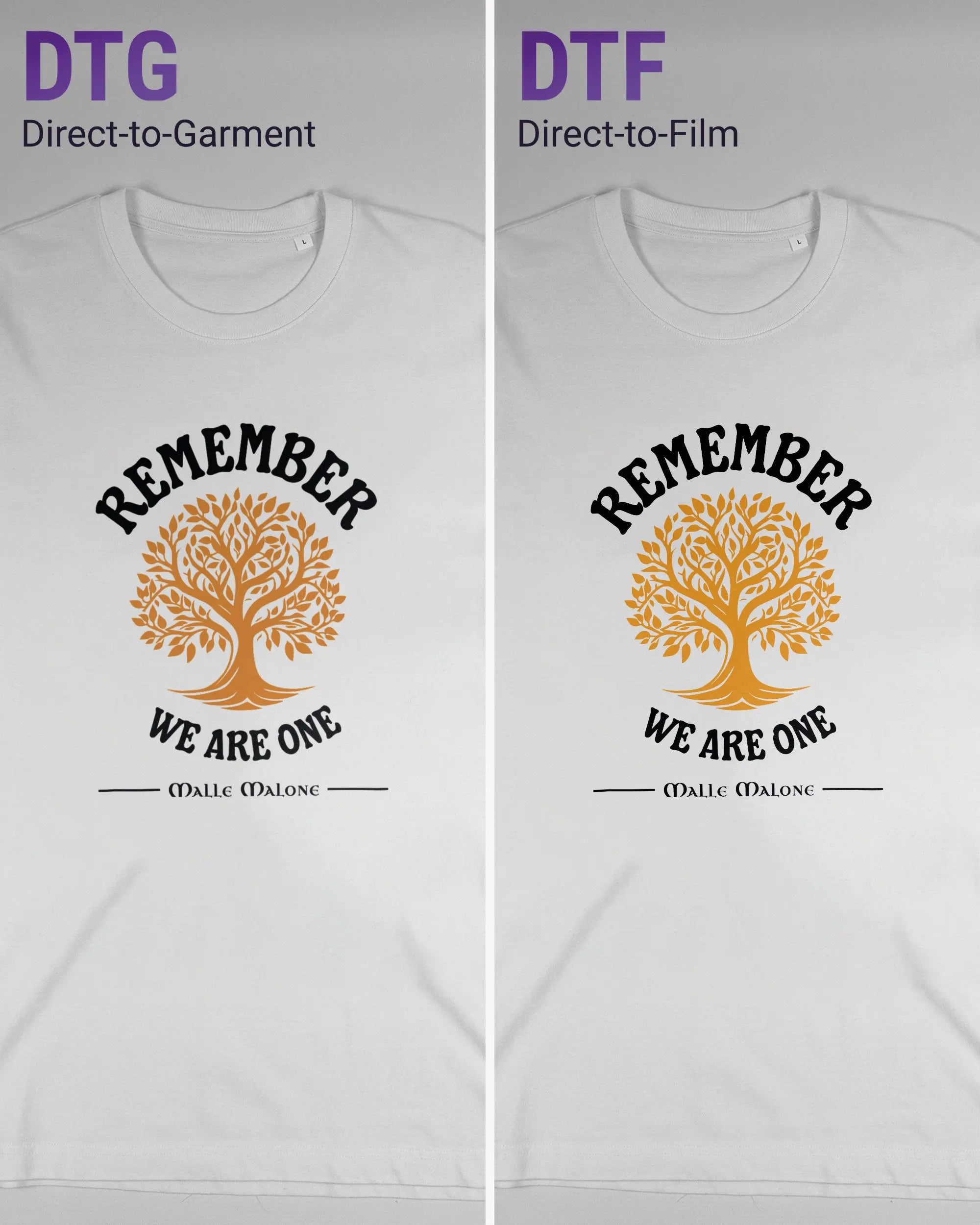 Vergleich der Vorderseiten des Organic Unisex T-Shirt Relaxed von Maondo mit dem Design We are one in der Farbe White und in der Größe L links mit dem Direct-to-Garment und rechts mit dem Direct-to-Film Verfahren