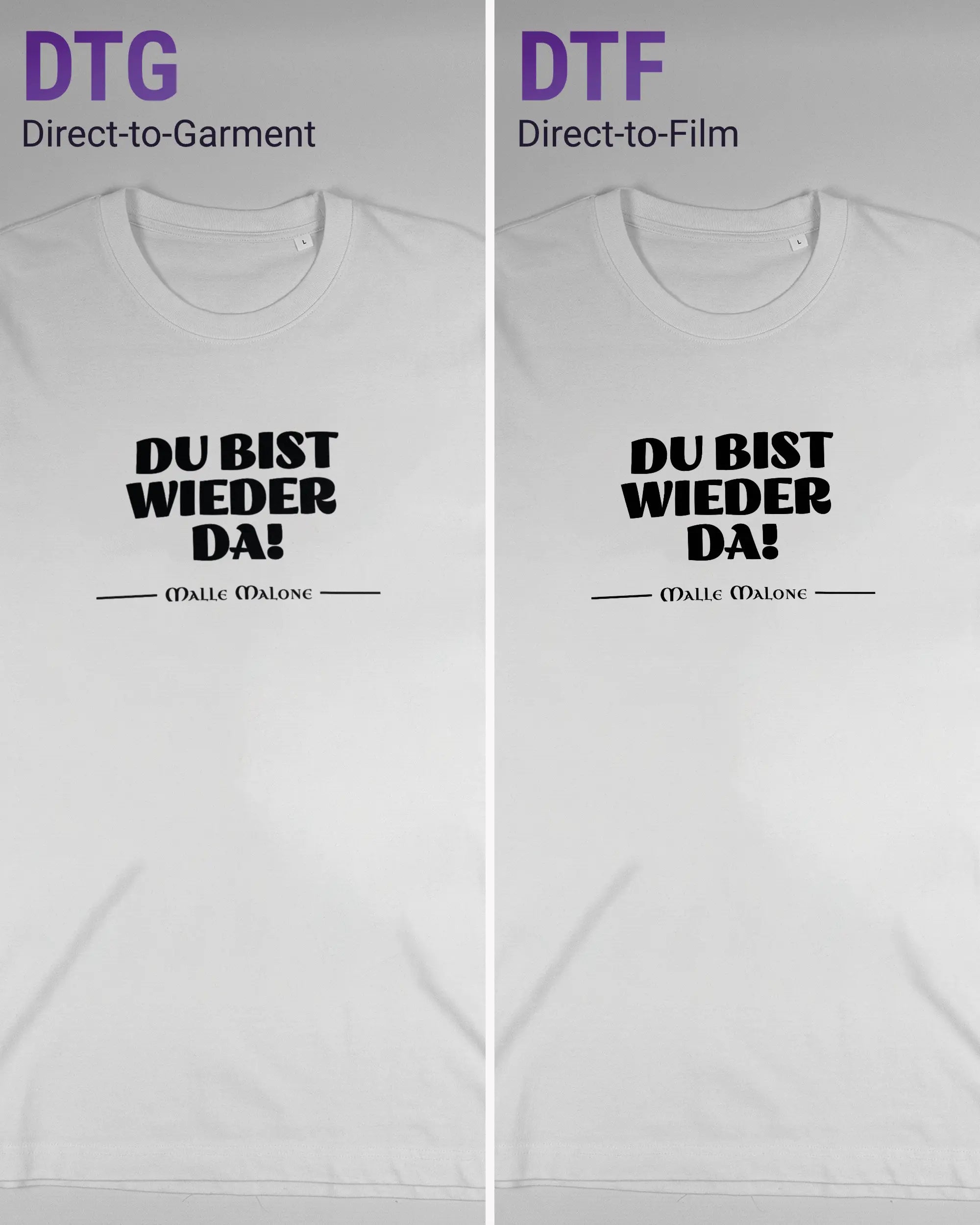Vergleich der Vorderseiten des Organic Unisex T-Shirt Relaxed von Maondo mit dem Design Wieder da in der Farbe White und in der Größe L links mit dem Direct-to-Garment und rechts mit dem Direct-to-Film Verfahren