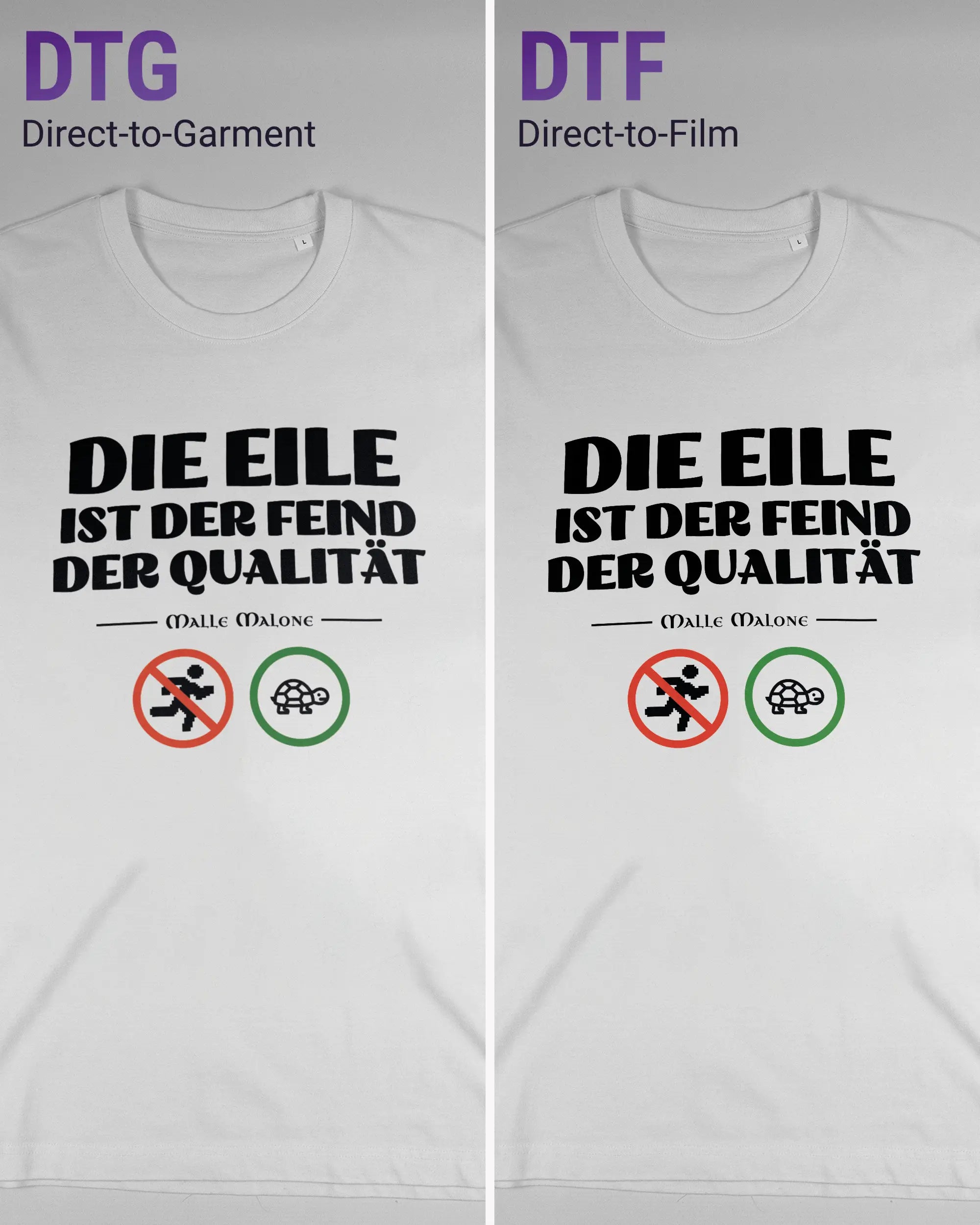 Vergleich der Vorderseiten des Organic Unisex T-Shirt Relaxed von Maondo mit dem Design Keine Eile in der Farbe White und in der Größe L links mit dem Direct-to-Garment und rechts mit dem Direct-to-Film Verfahren
