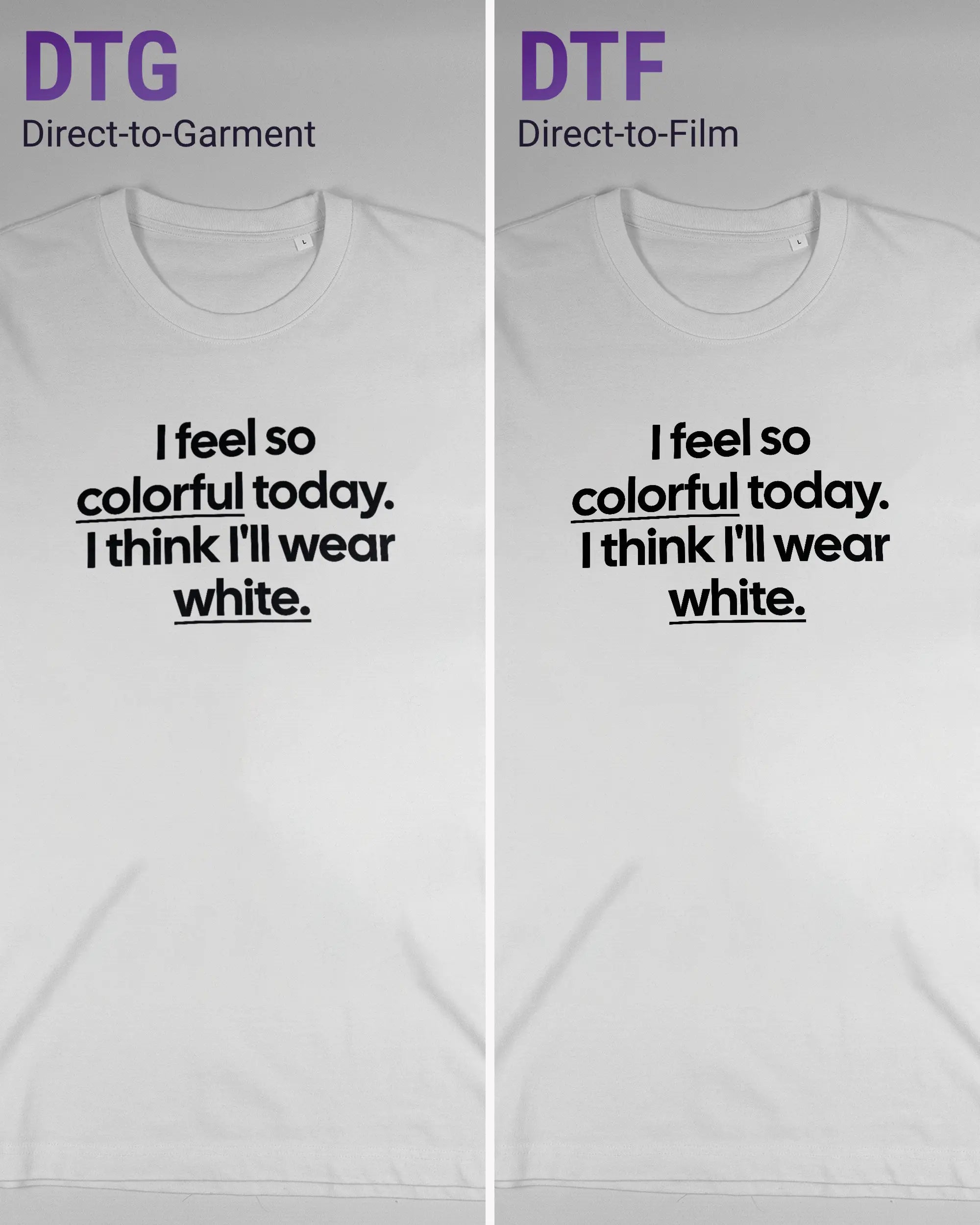 Vergleich der Vorderseiten des Organic Unisex T-Shirt Relaxed von Maondo mit dem Design Colorful Day in der Farbe White und in der Größe L links mit dem Direct-to-Garment und rechts mit dem Direct-to-Film Verfahren