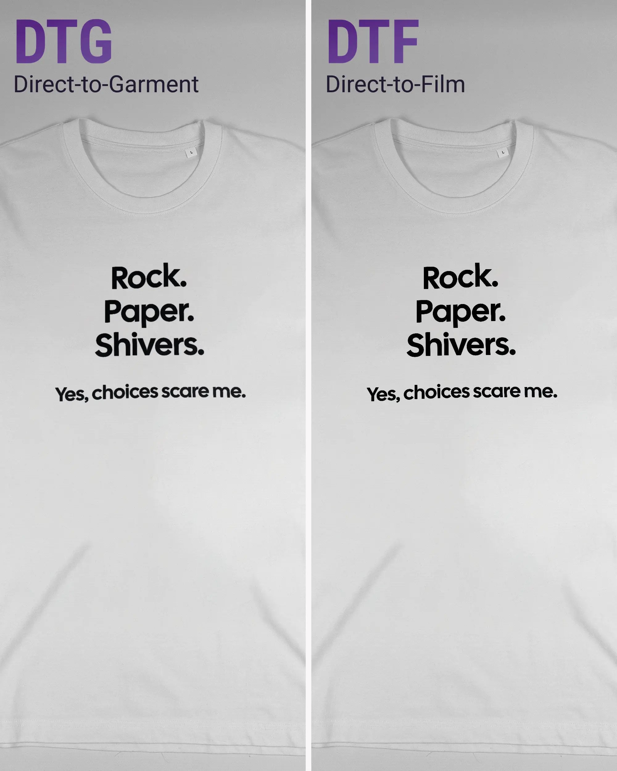 Vergleich der Vorderseiten des Organic Unisex T-Shirt Relaxed von Maondo mit dem Design Rock Paper Shivers in der Farbe White und in der Größe L links mit dem Direct-to-Garment und rechts mit dem Direct-to-Film Verfahren