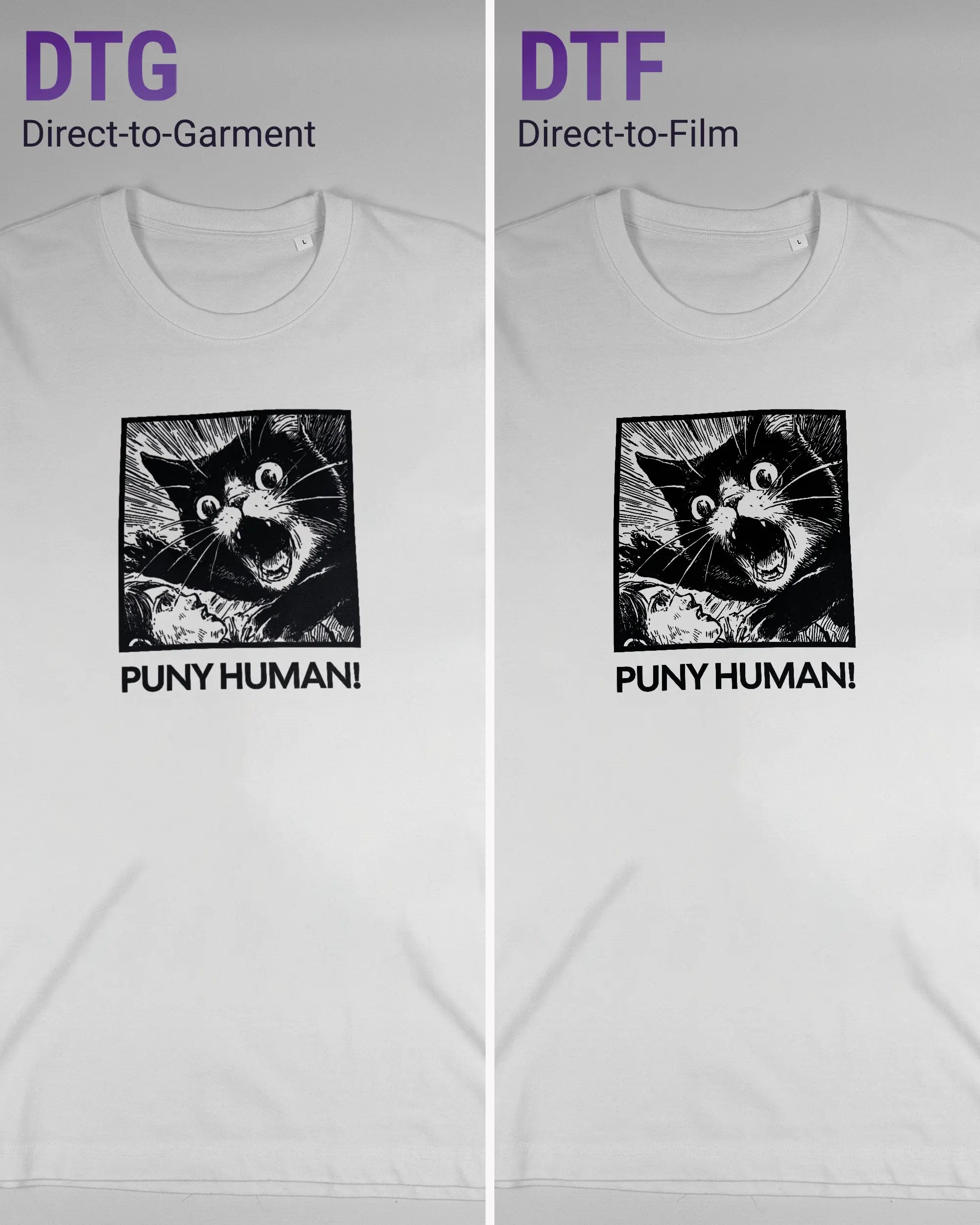 Vergleich der Vorderseiten des Organic Unisex T-Shirt Relaxed von Maondo mit dem Design Puny Human in der Farbe White und in der Größe L links mit dem Direct-to-Garment und rechts mit dem Direct-to-Film Verfahren