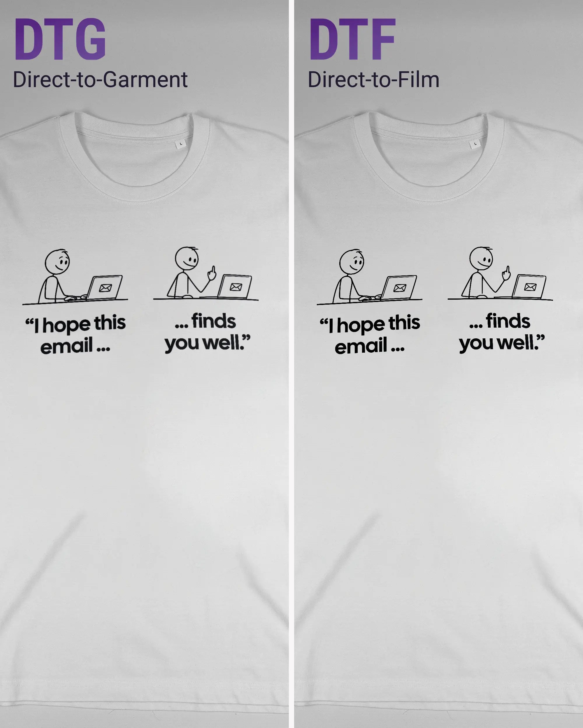 Vergleich der Vorderseiten des Organic Unisex T-Shirt Relaxed von Maondo mit dem Design Found me not well in der Farbe White und in der Größe L links mit dem Direct-to-Garment und rechts mit dem Direct-to-Film Verfahren