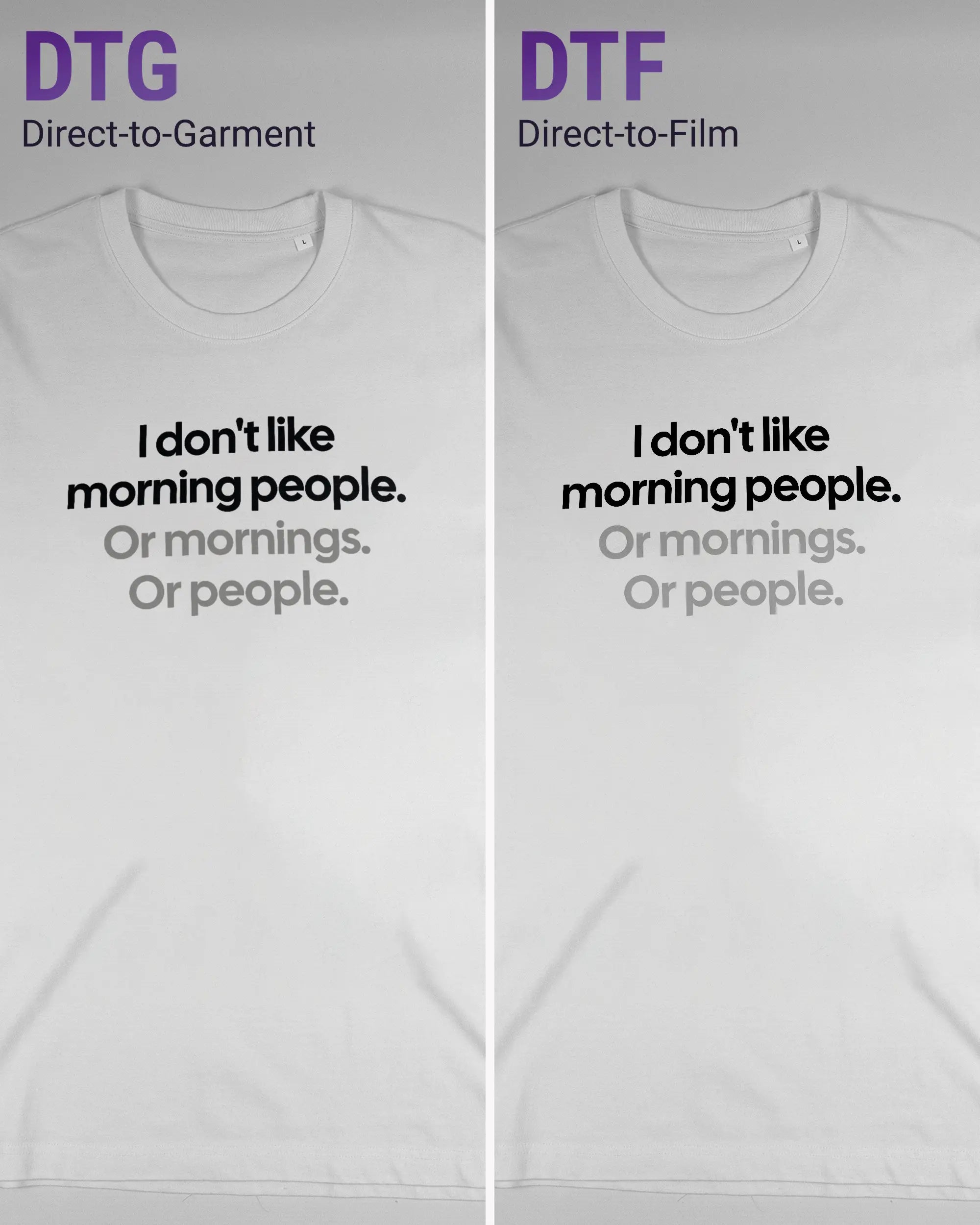 Vergleich der Vorderseiten des Organic Unisex T-Shirt Relaxed von Maondo mit dem Design Morning Person in der Farbe White und in der Größe L links mit dem Direct-to-Garment und rechts mit dem Direct-to-Film Verfahren