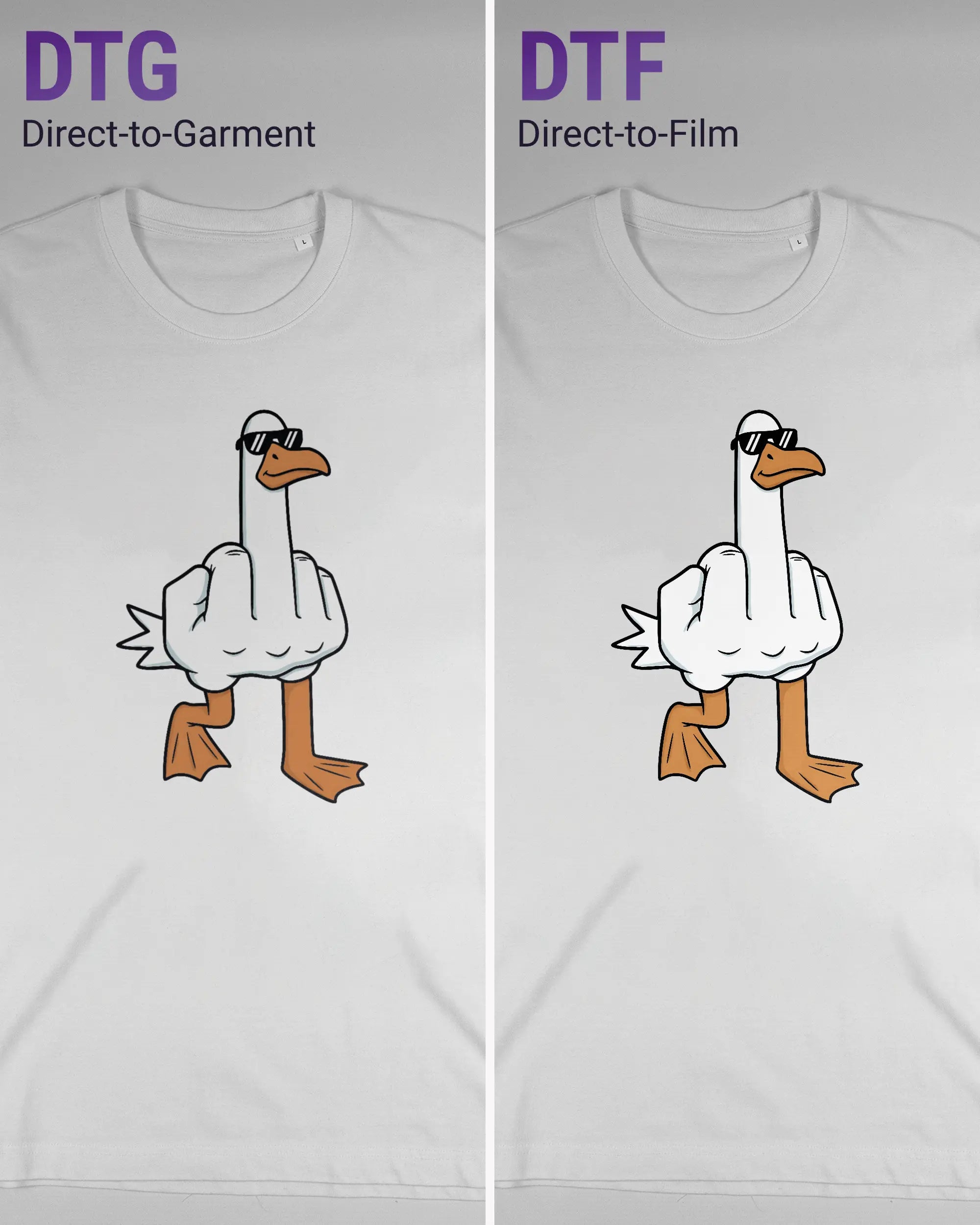 Vergleich der Vorderseiten des Organic Unisex T-Shirt Relaxed von Maondo mit dem Design I give a duck in der Farbe White und in der Größe L links mit dem Direct-to-Garment und rechts mit dem Direct-to-Film Verfahren
