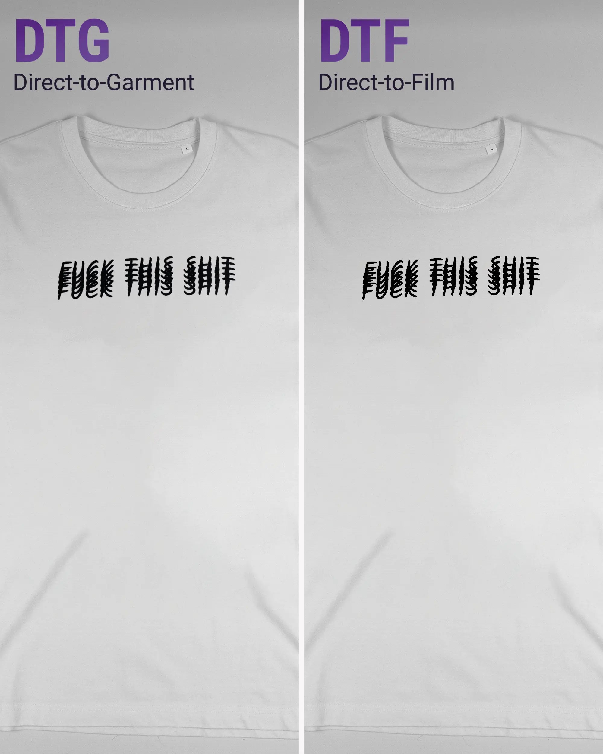 Vergleich der Vorderseiten des Organic Unisex T-Shirt Relaxed von Maondo mit dem Design Hidden Message in der Farbe White und in der Größe L links mit dem Direct-to-Garment und rechts mit dem Direct-to-Film Verfahren