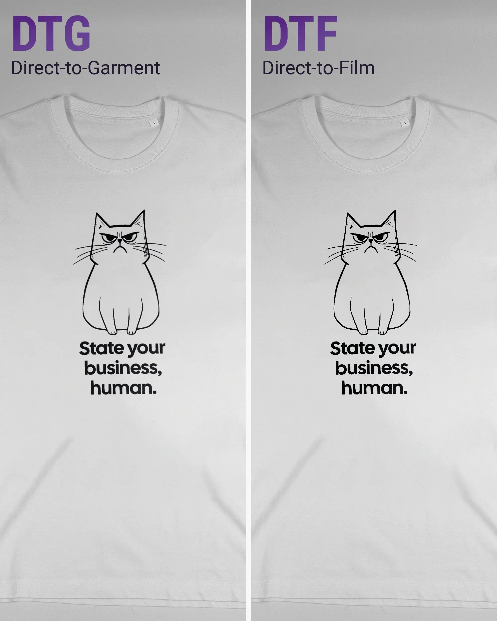 Vergleich der Vorderseiten des Organic Unisex T-Shirt Relaxed von Maondo mit dem Design Grumpy Purr in der Farbe White und in der Größe L links mit dem Direct-to-Garment und rechts mit dem Direct-to-Film Verfahren