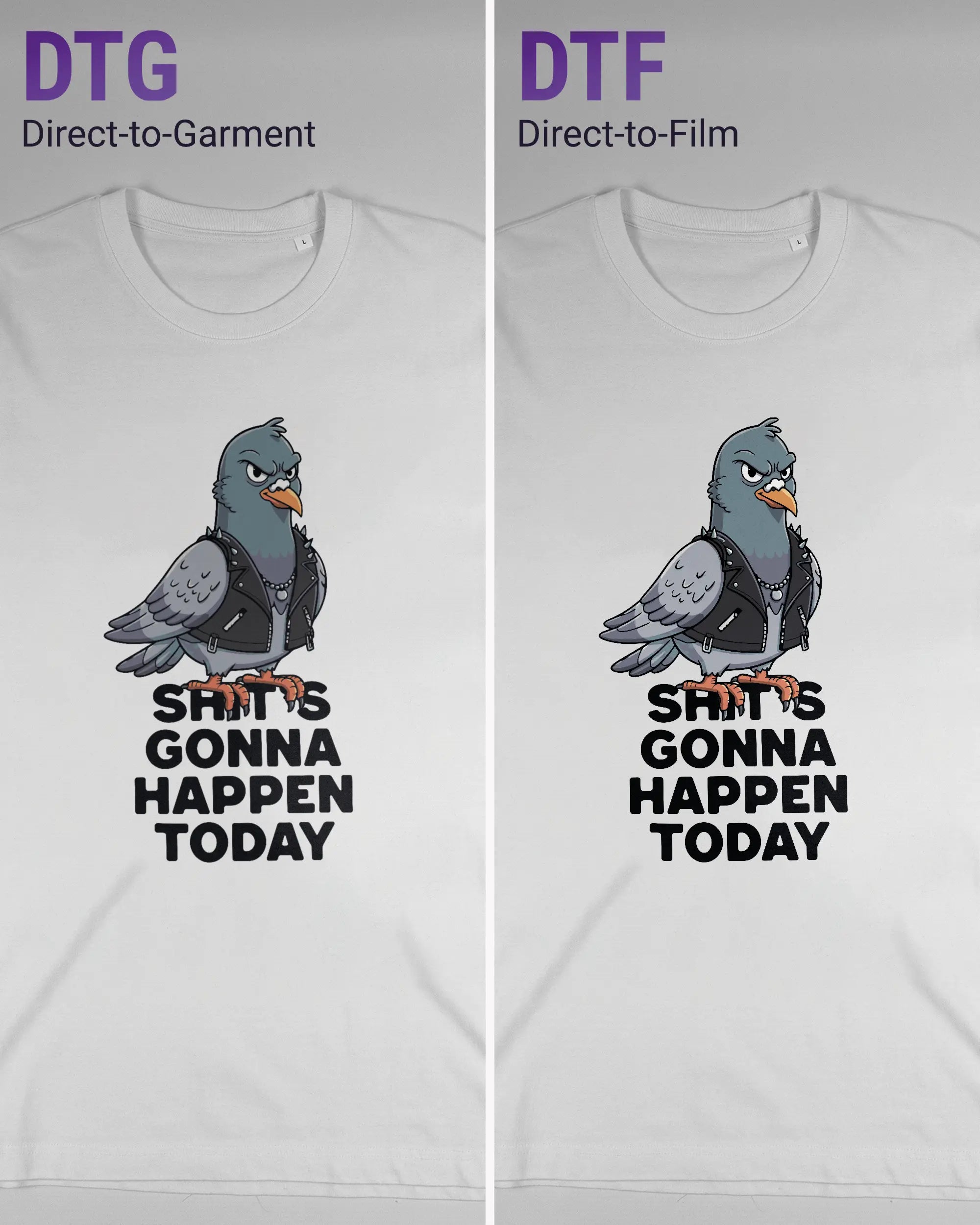 Vergleich der Vorderseiten des Organic Unisex T-Shirt Relaxed von Maondo mit dem Design Pigeon Pun in der Farbe White und in der Größe L links mit dem Direct-to-Garment und rechts mit dem Direct-to-Film Verfahren