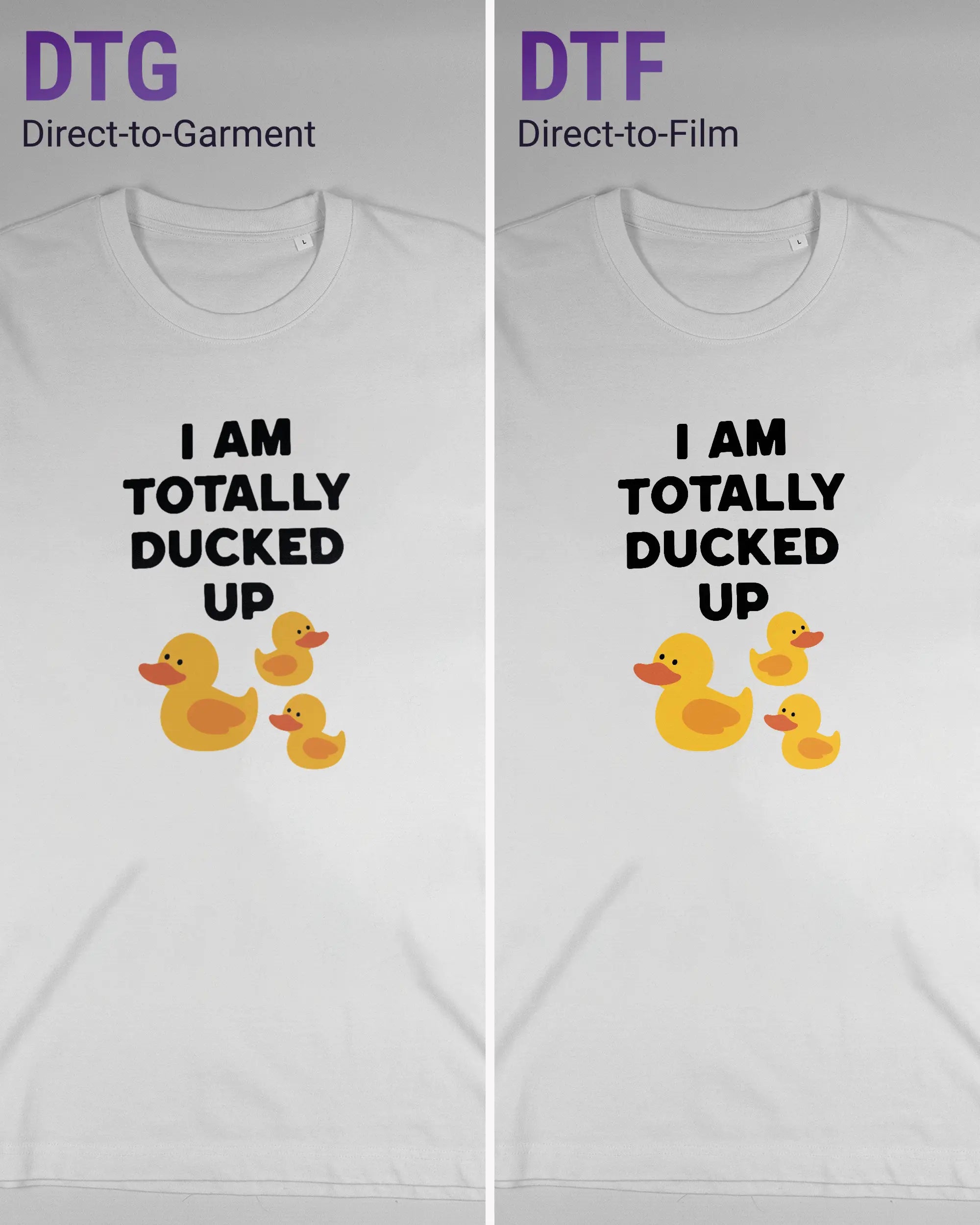 Vergleich der Vorderseiten des Organic Unisex T-Shirt Relaxed von Maondo mit dem Design Ducked Up in der Farbe White und in der Größe L links mit dem Direct-to-Garment und rechts mit dem Direct-to-Film Verfahren