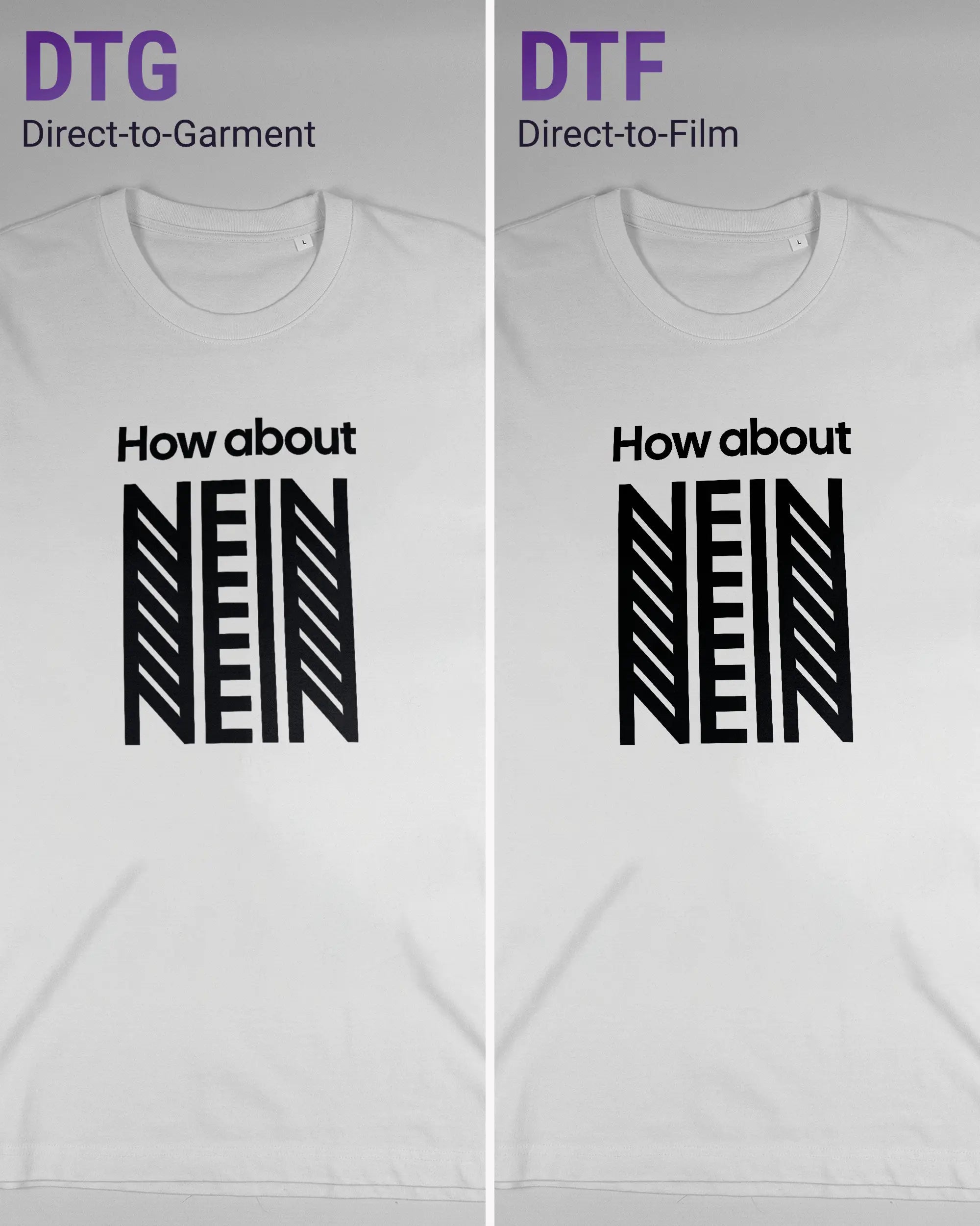 Vergleich der Vorderseiten des Organic Unisex T-Shirt Relaxed von Maondo mit dem Design How about nein in der Farbe White und in der Größe L links mit dem Direct-to-Garment und rechts mit dem Direct-to-Film Verfahren