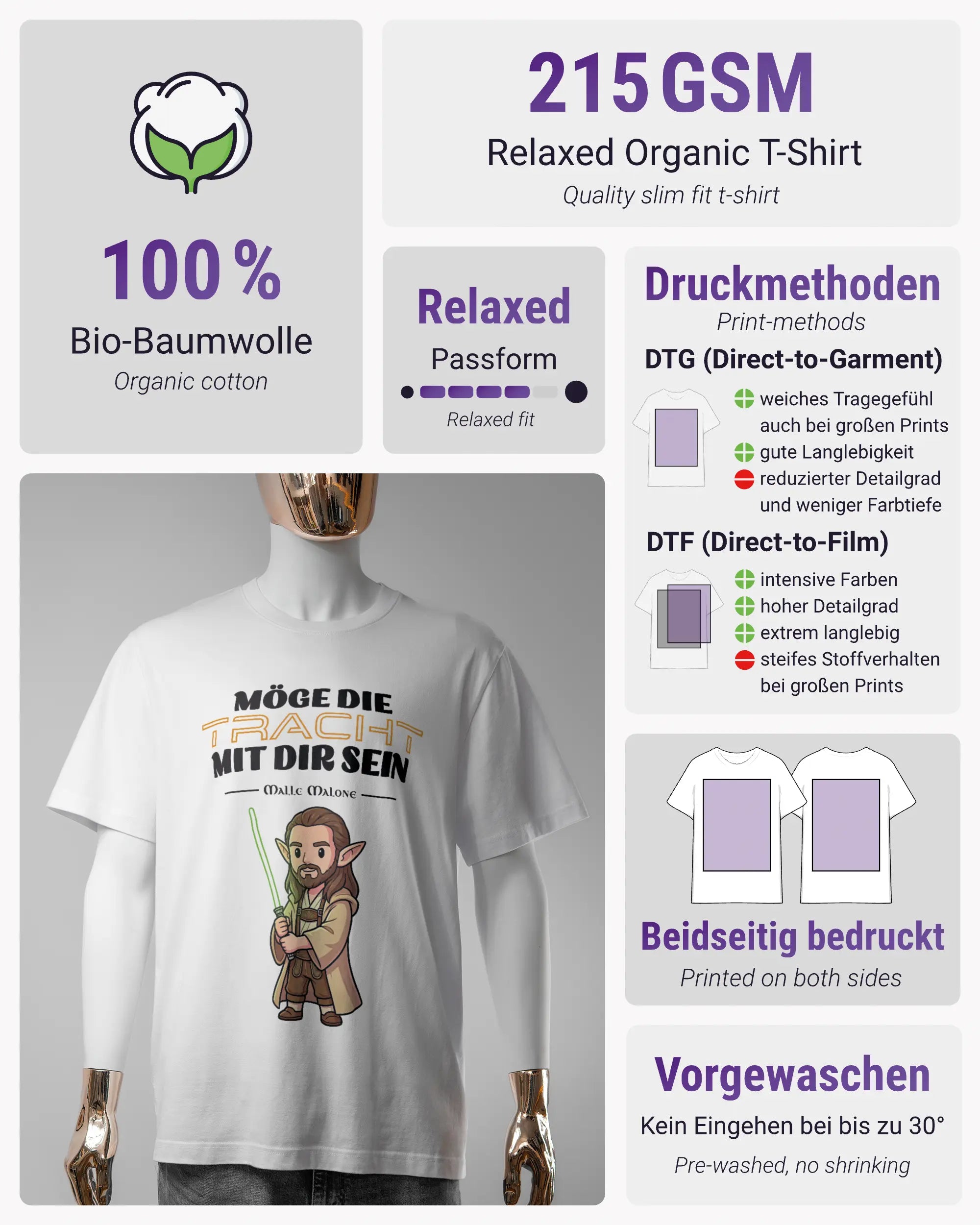 Produktinformationsblatt des Organic Unisex T-Shirt Relaxed von Maondo mit dem Design Tracht mit dir vorne in der Farbe White und in der Größe S