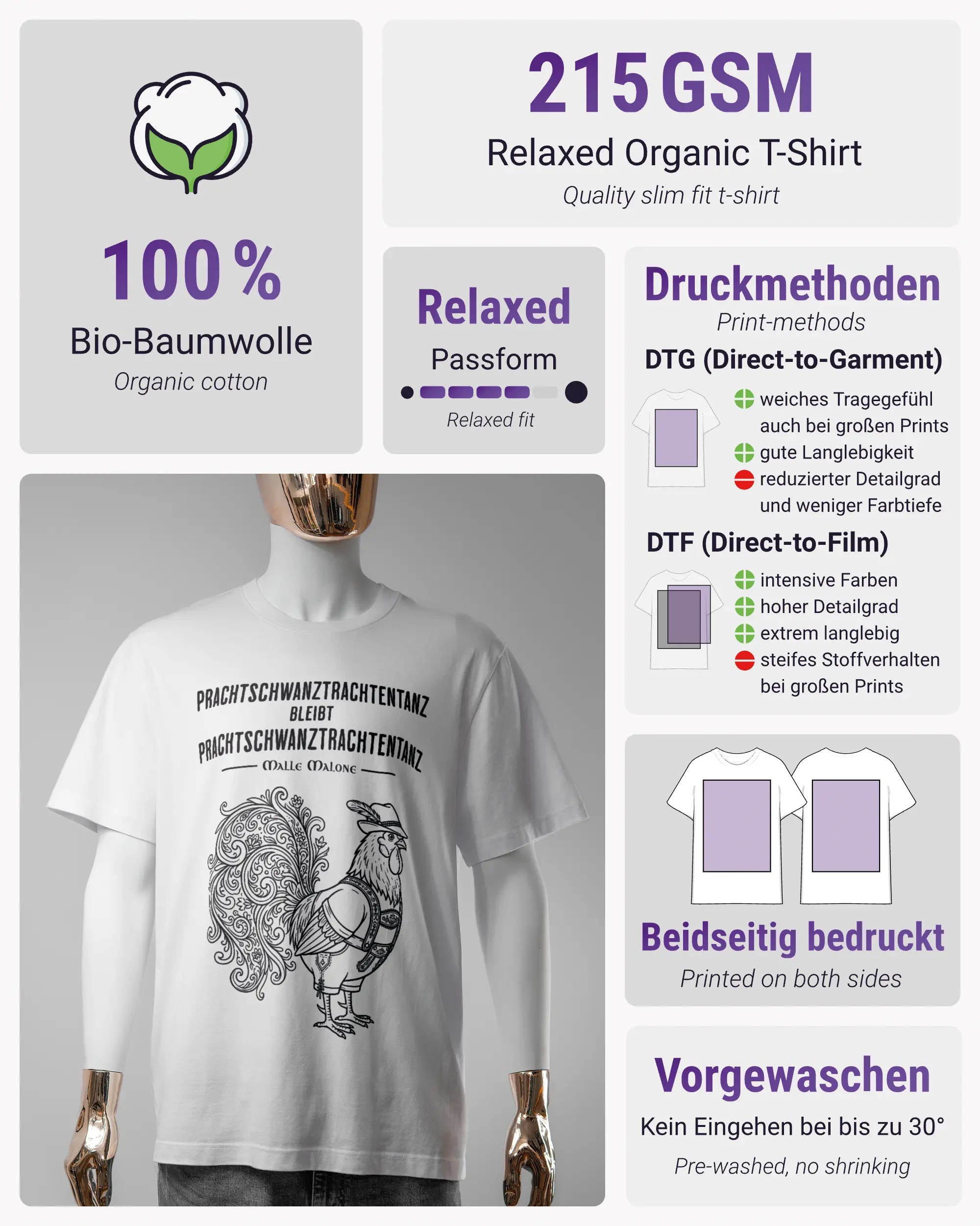 Produktinformationsblatt des Organic Unisex T-Shirt Relaxed von Maondo mit dem Design Trachtentanz vorne in der Farbe White und in der Größe S