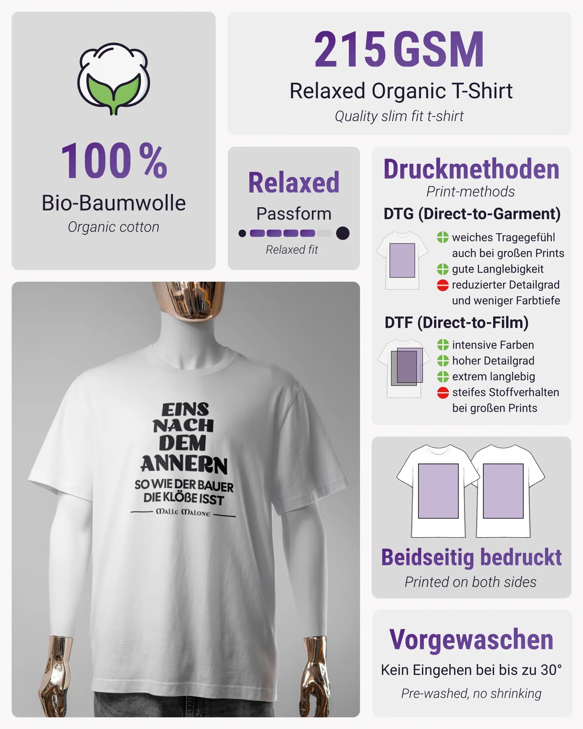 Produktinformationsblatt des Organic Unisex T-Shirt Relaxed von Maondo mit dem Design Eins nach dem Annern vorne in der Farbe White und in der Größe S