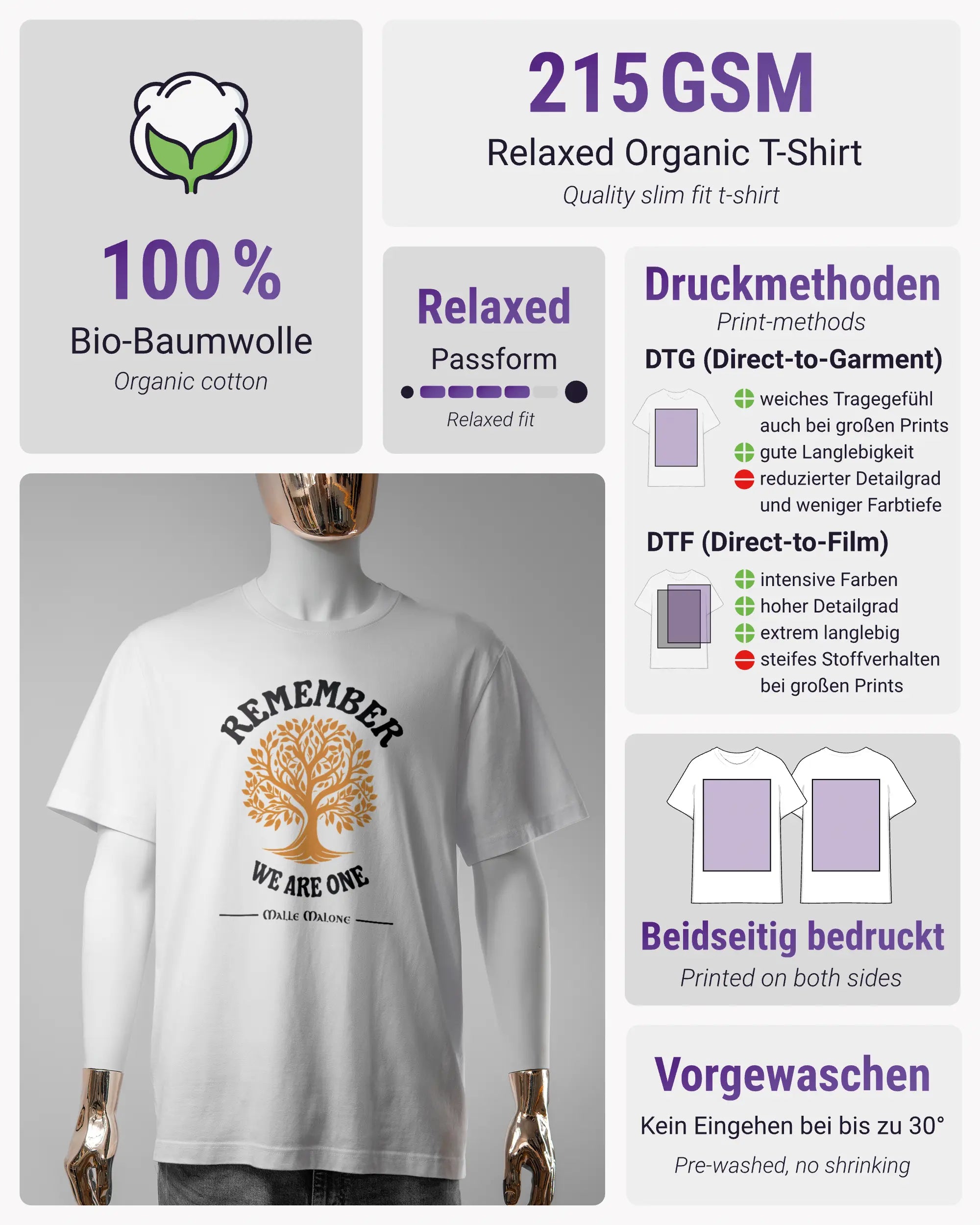 Produktinformationsblatt des Organic Unisex T-Shirt Relaxed von Maondo mit dem Design We are one vorne in der Farbe White und in der Größe S