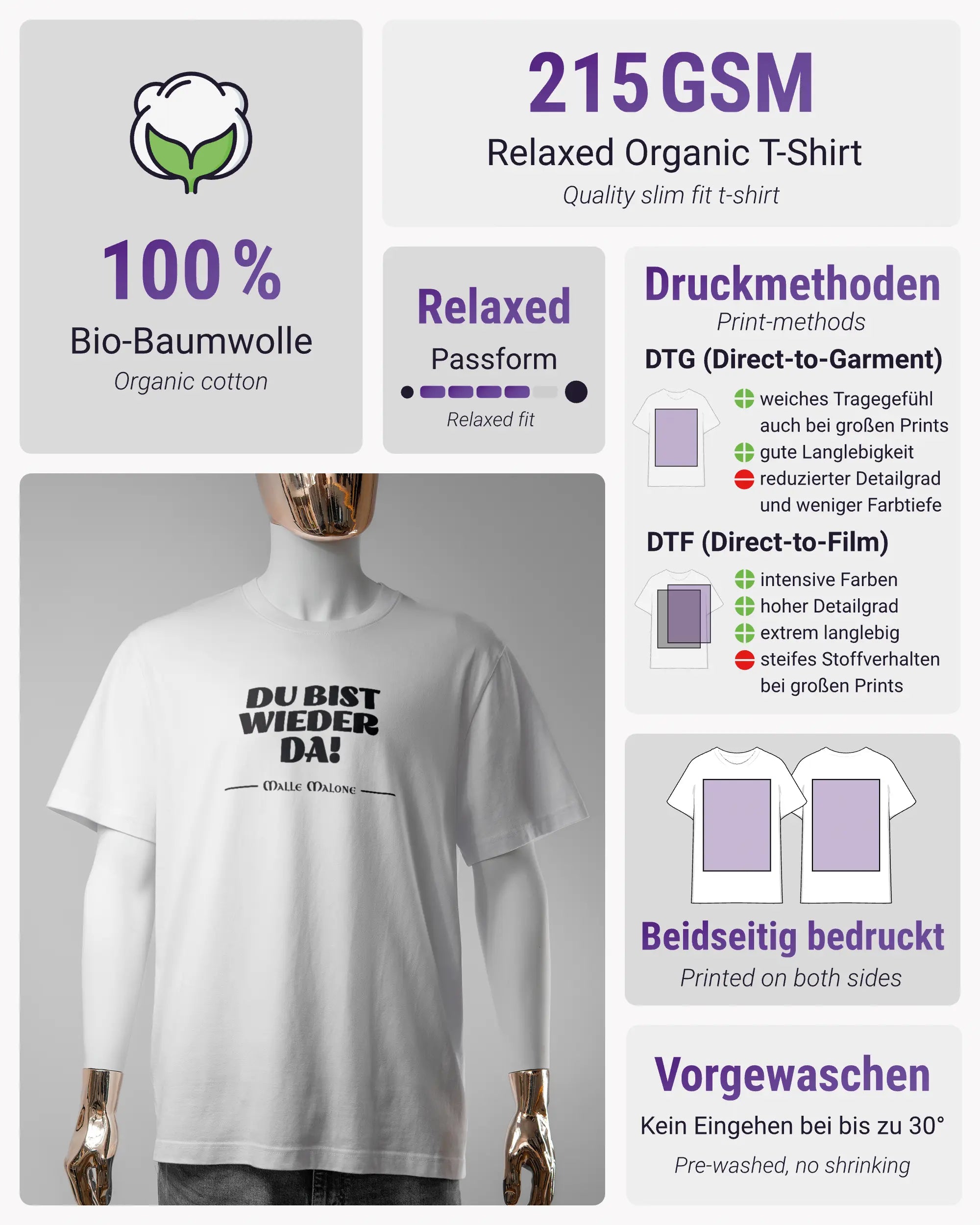 Produktinformationsblatt des Organic Unisex T-Shirt Relaxed von Maondo mit dem Design Wieder da vorne in der Farbe White und in der Größe S