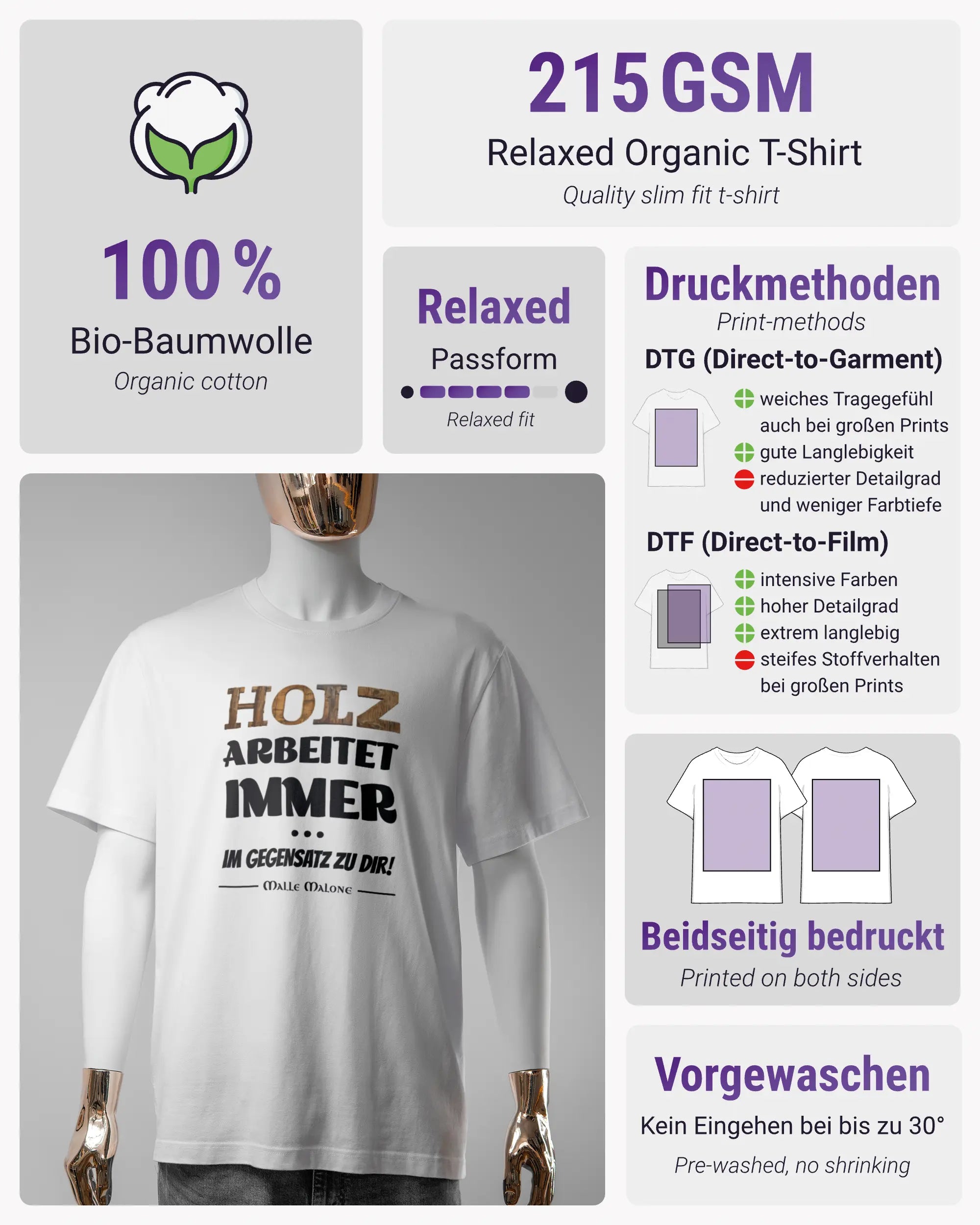 Produktinformationsblatt des Organic Unisex T-Shirt Relaxed von Maondo mit dem Design Holzarbeit vorne in der Farbe White und in der Größe S