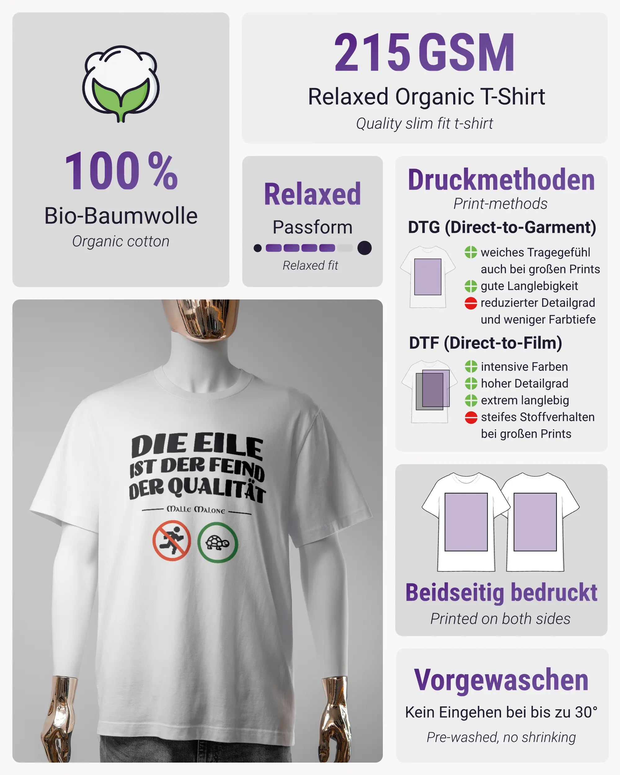 Produktinformationsblatt des Organic Unisex T-Shirt Relaxed von Maondo mit dem Design Keine Eile vorne in der Farbe White und in der Größe S