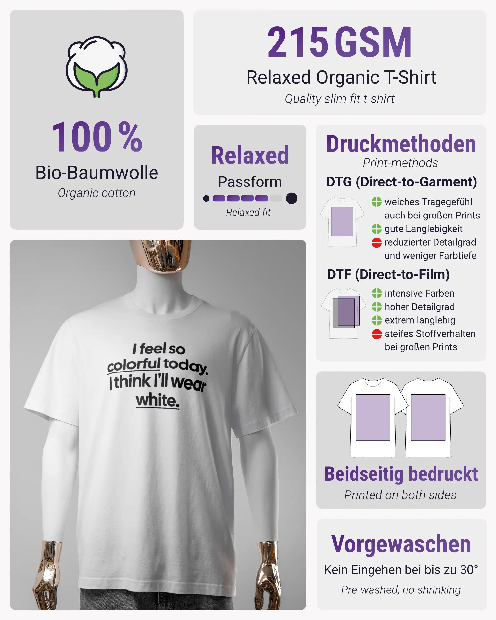 Produktinformationsblatt des Organic Unisex T-Shirt Relaxed von Maondo mit dem Design Colorful Day vorne in der Farbe White und in der Größe S