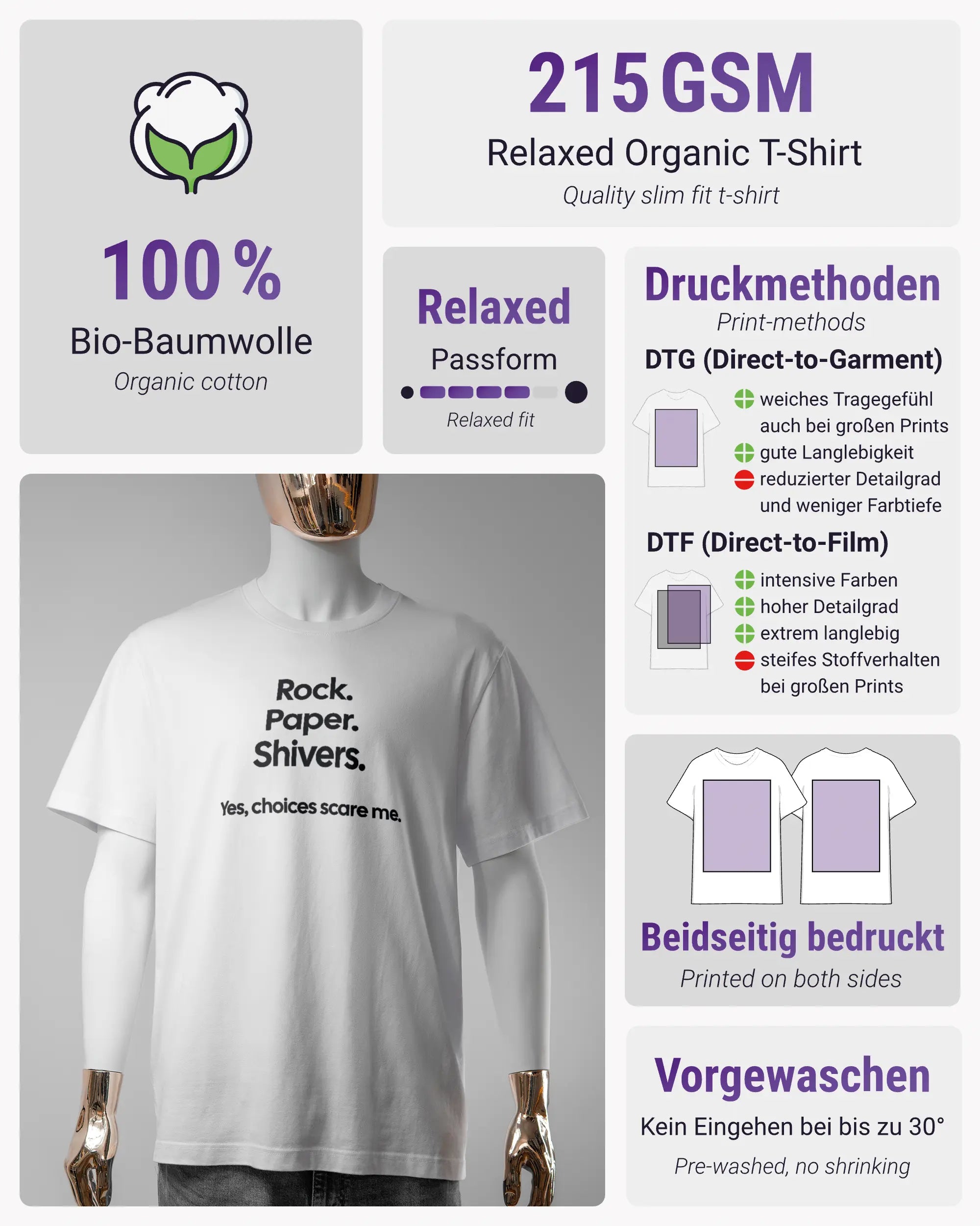 Produktinformationsblatt des Organic Unisex T-Shirt Relaxed von Maondo mit dem Design Rock Paper Shivers vorne in der Farbe White und in der Größe S