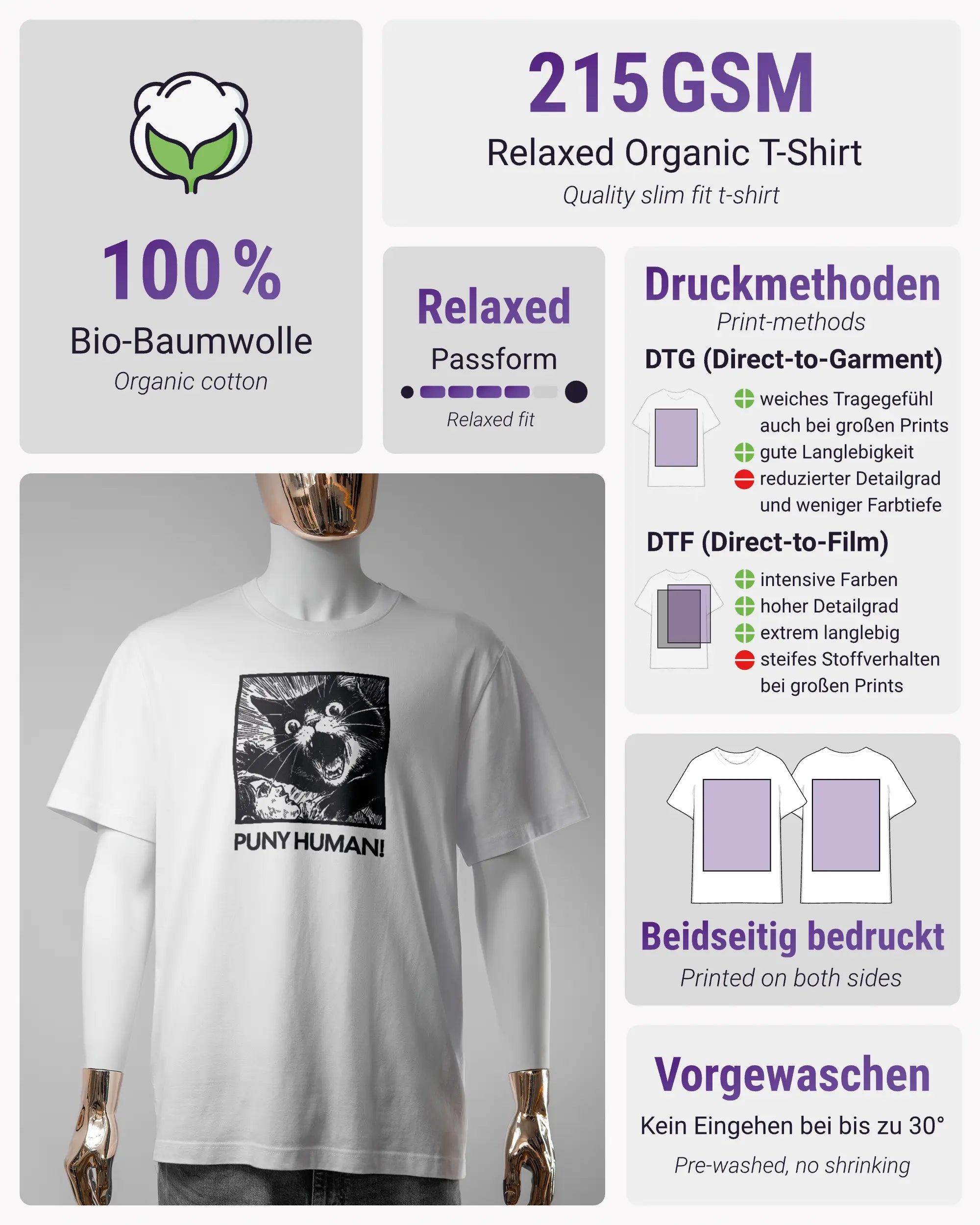 Produktinformationsblatt des Organic Unisex T-Shirt Relaxed von Maondo mit dem Design Puny Human vorne in der Farbe White und in der Größe S