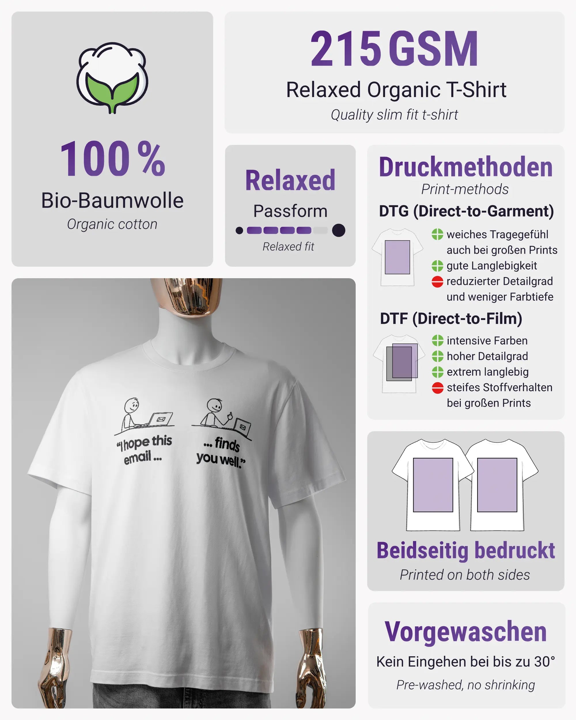 Produktinformationsblatt des Organic Unisex T-Shirt Relaxed von Maondo mit dem Design Found me not well vorne in der Farbe White und in der Größe S