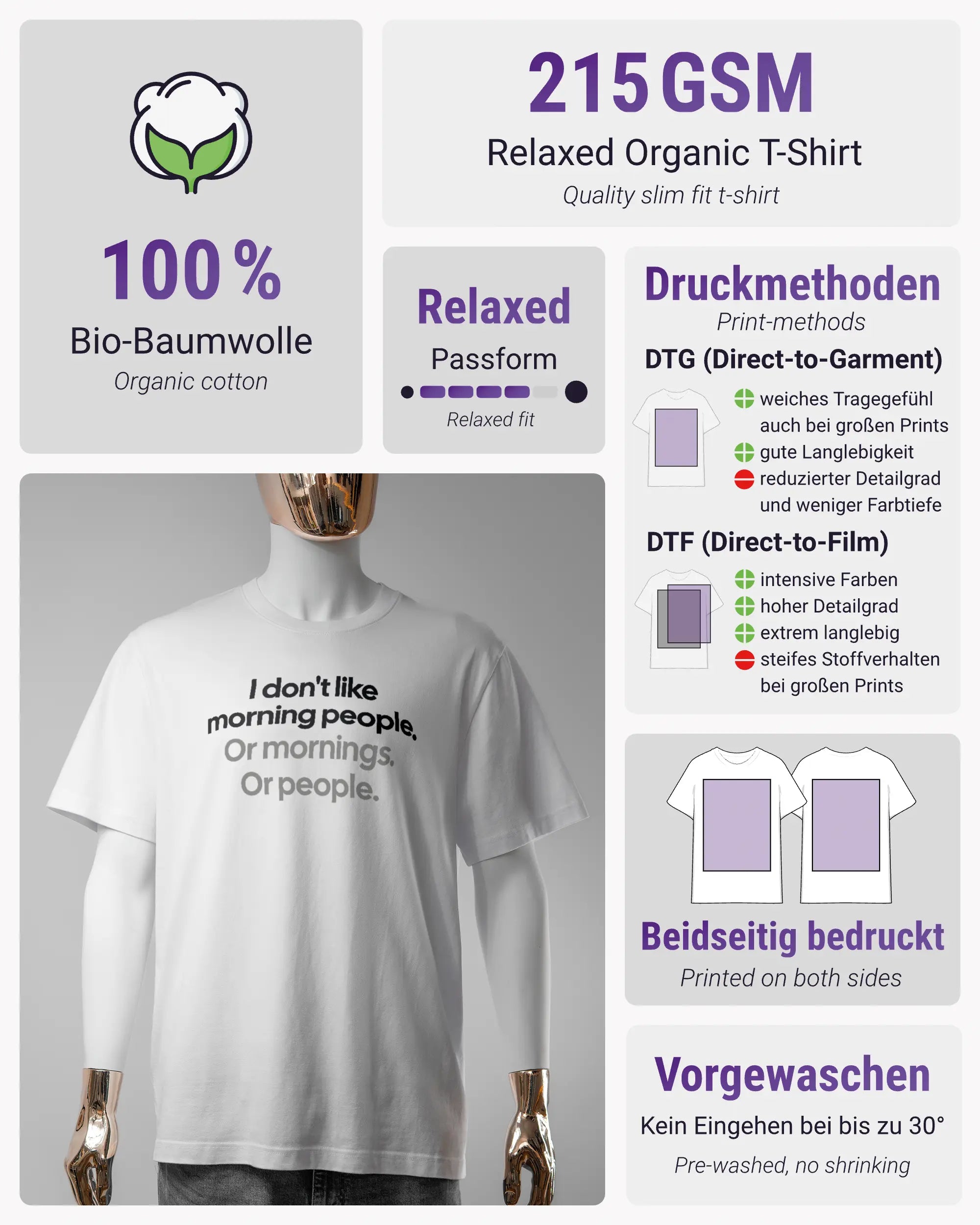 Produktinformationsblatt des Organic Unisex T-Shirt Relaxed von Maondo mit dem Design Morning Person vorne in der Farbe White und in der Größe S