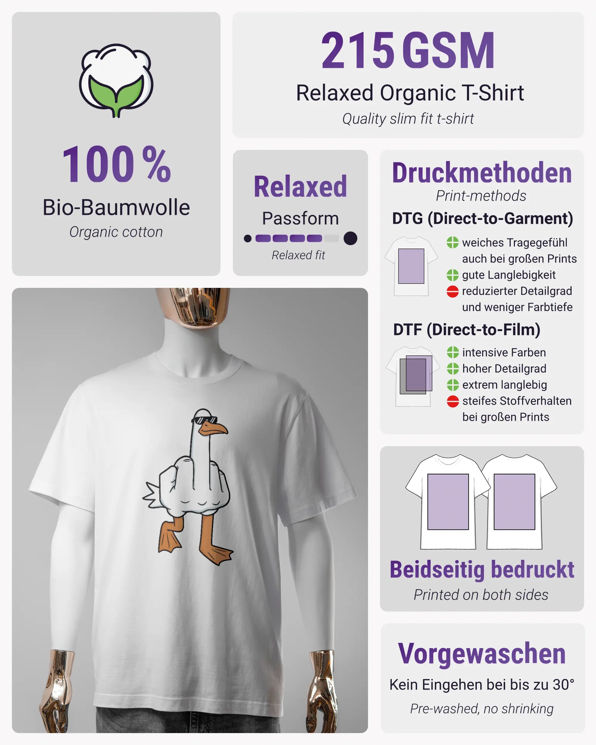 Produktinformationsblatt des Organic Unisex T-Shirt Relaxed von Maondo mit dem Design I give a duck vorne in der Farbe White und in der Größe S