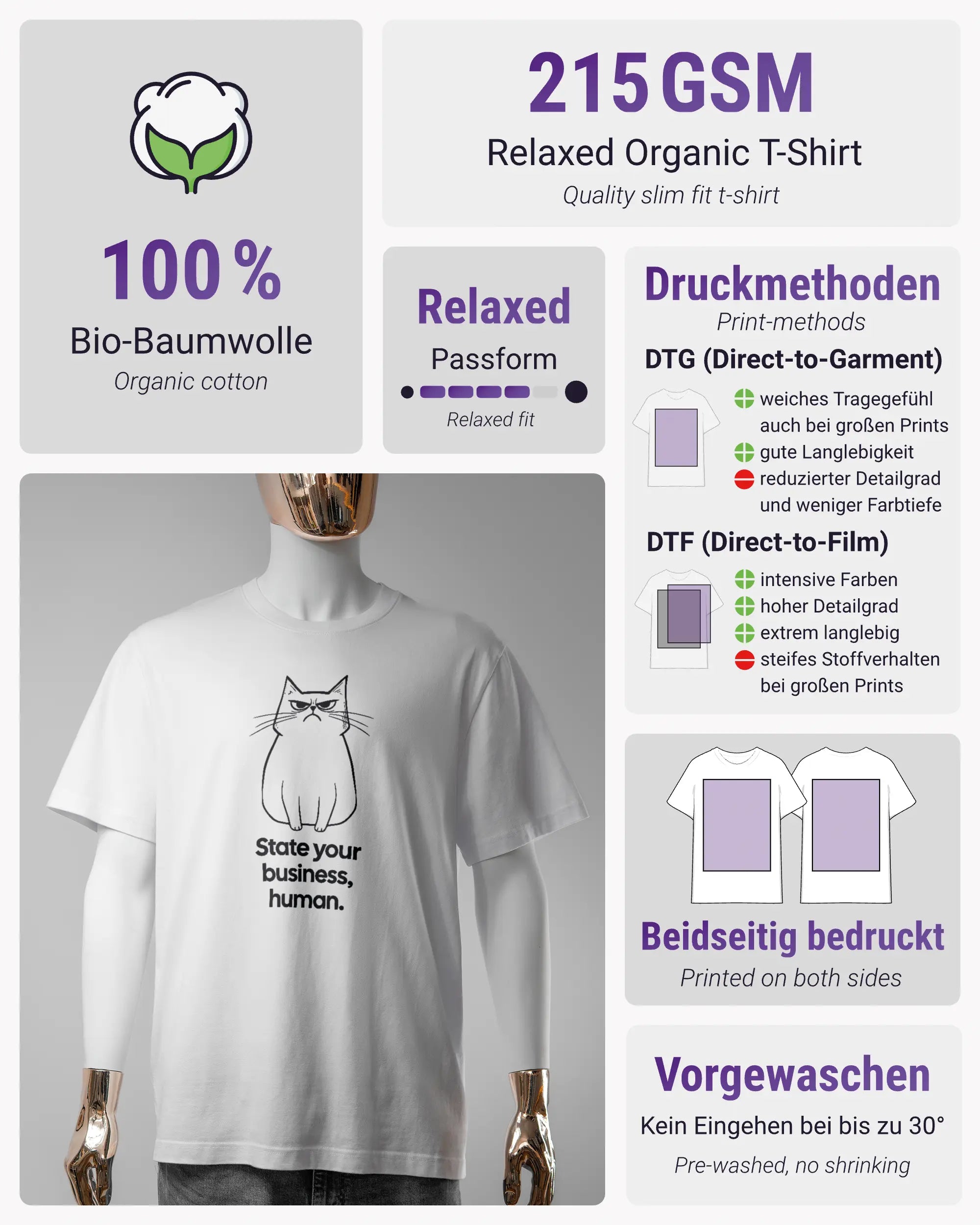 Produktinformationsblatt des Organic Unisex T-Shirt Relaxed von Maondo mit dem Design Grumpy Purr vorne in der Farbe White und in der Größe S
