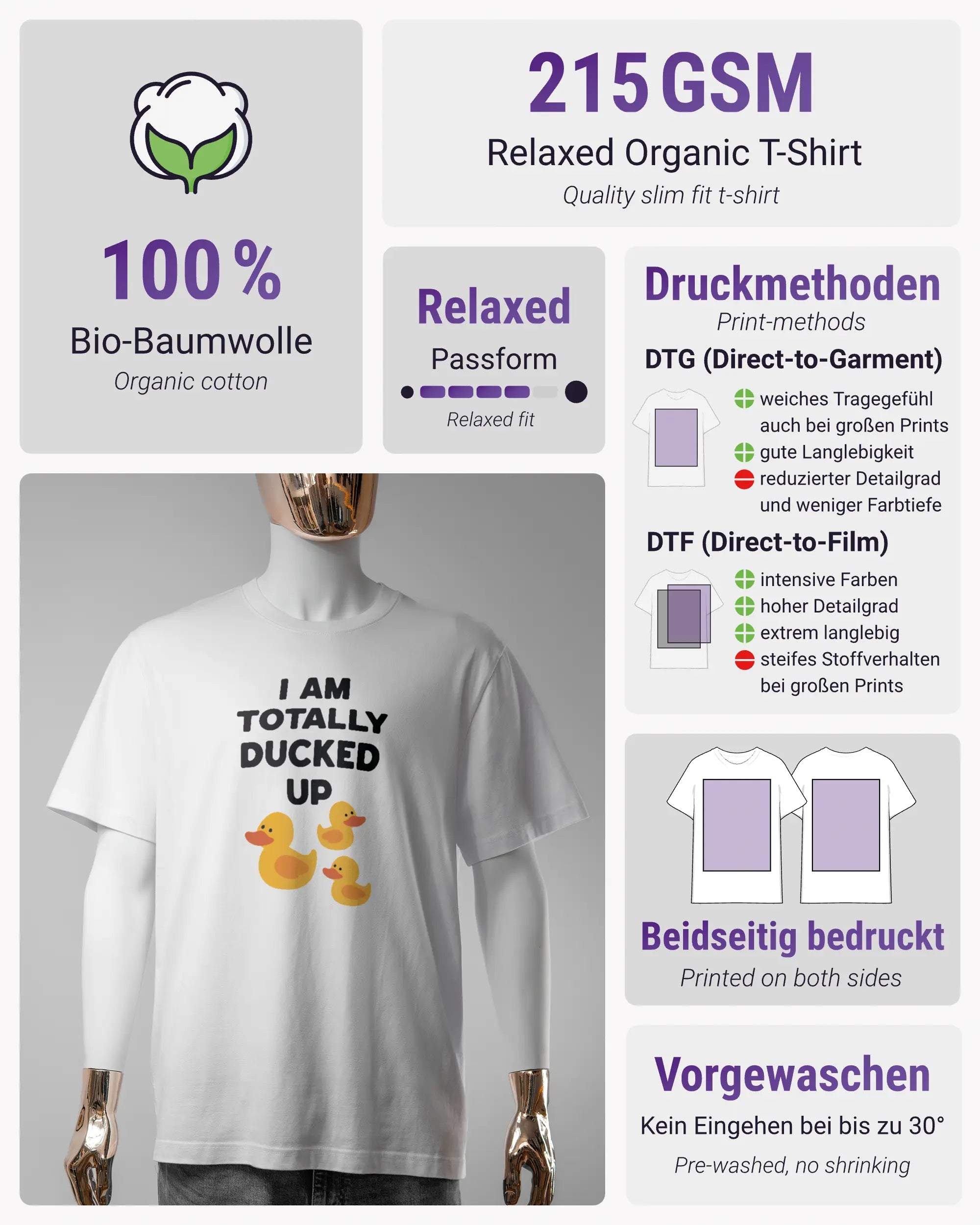 Produktinformationsblatt des Organic Unisex T-Shirt Relaxed von Maondo mit dem Design Ducked Up vorne in der Farbe White und in der Größe S