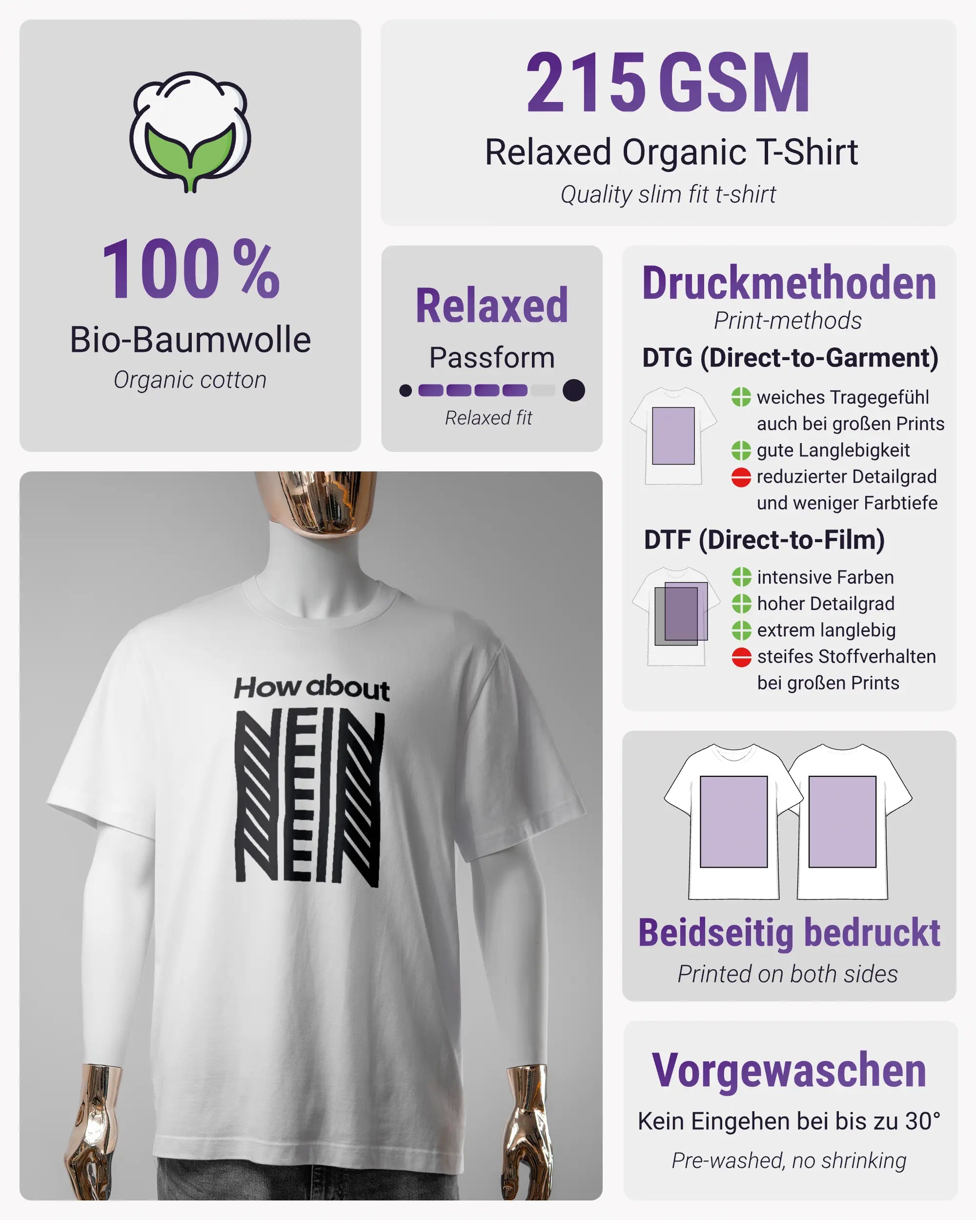 Produktinformationsblatt des Organic Unisex T-Shirt Relaxed von Maondo mit dem Design How about nein vorne in der Farbe White und in der Größe S